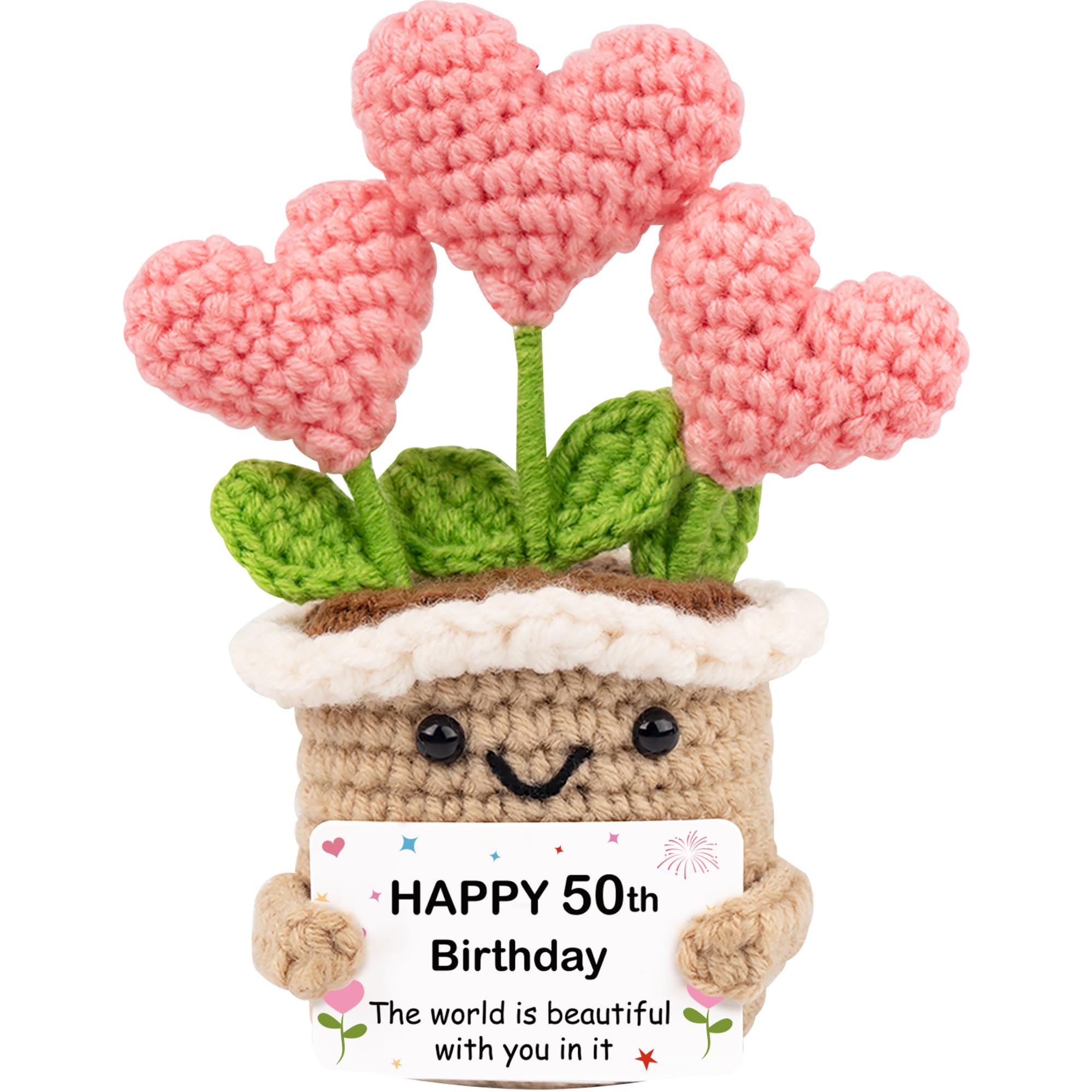 50th Birthday Gifts for Women & Men - Handmade Crochet Heart Flower with Positive Support Card,50 Year Old Birthday Gift for Women Friend Sister Mum Grandma Wife Auntie, Happy 50th Gift Ideas