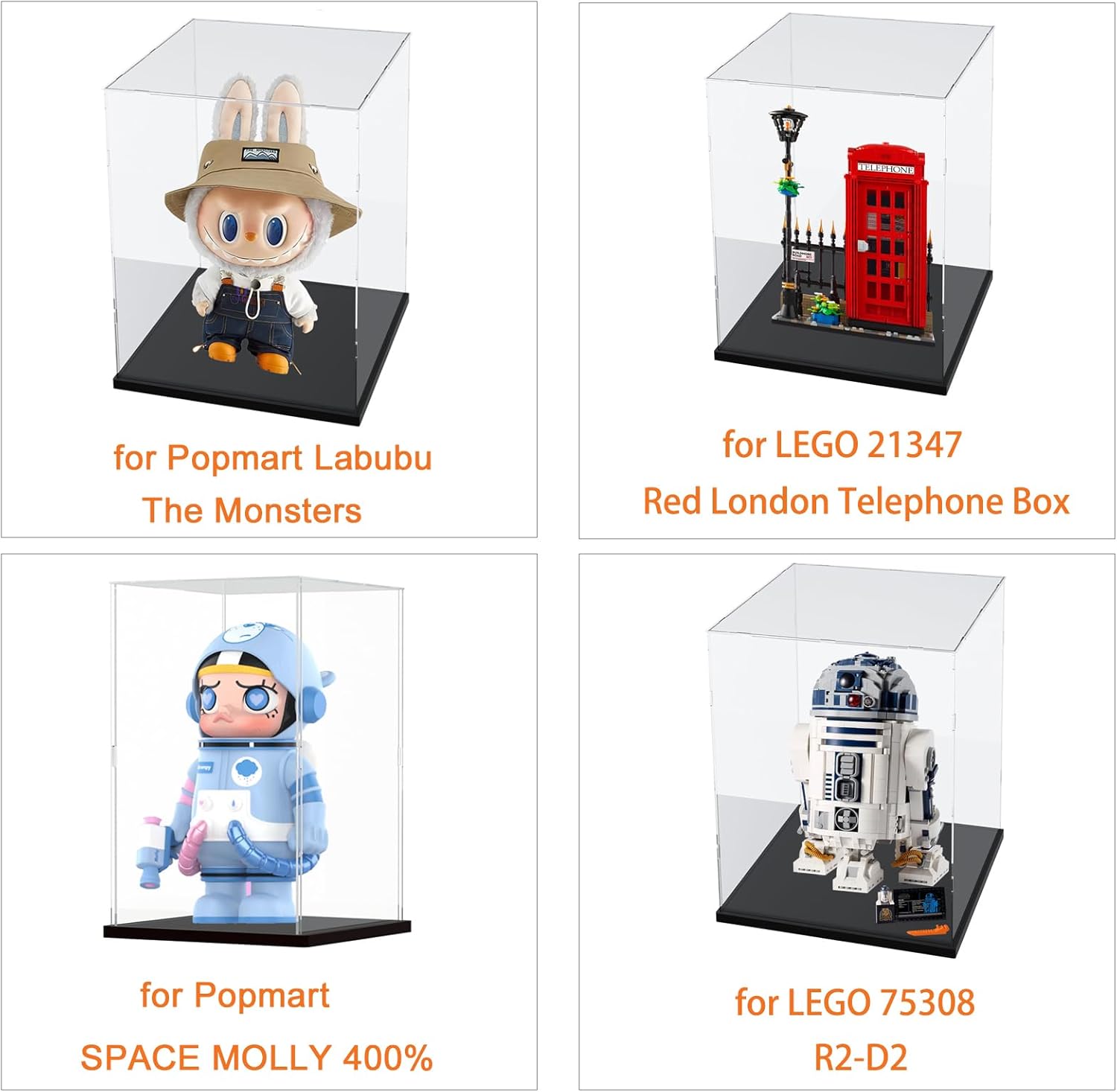 Clear Acrylic Display Case for Labubu Popmart The Monsters Fall in Wild Doll for Space Molly 400% for Lego 43230 21347 75308 31141 Transparent Box for Lego Display with Light, Black 9.8x9.8x15.7 inch
