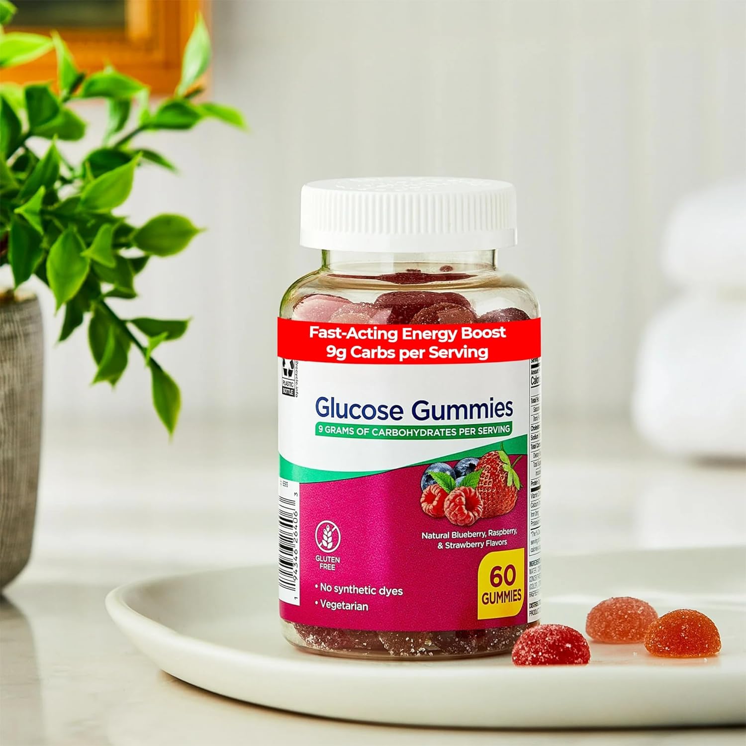 Glucose Gummies, 60 Count – Fast-Acting Energy Support with 9g Carbs per Serving, Natural Berry Flavors, Gluten-Free & No Artificial Dyes