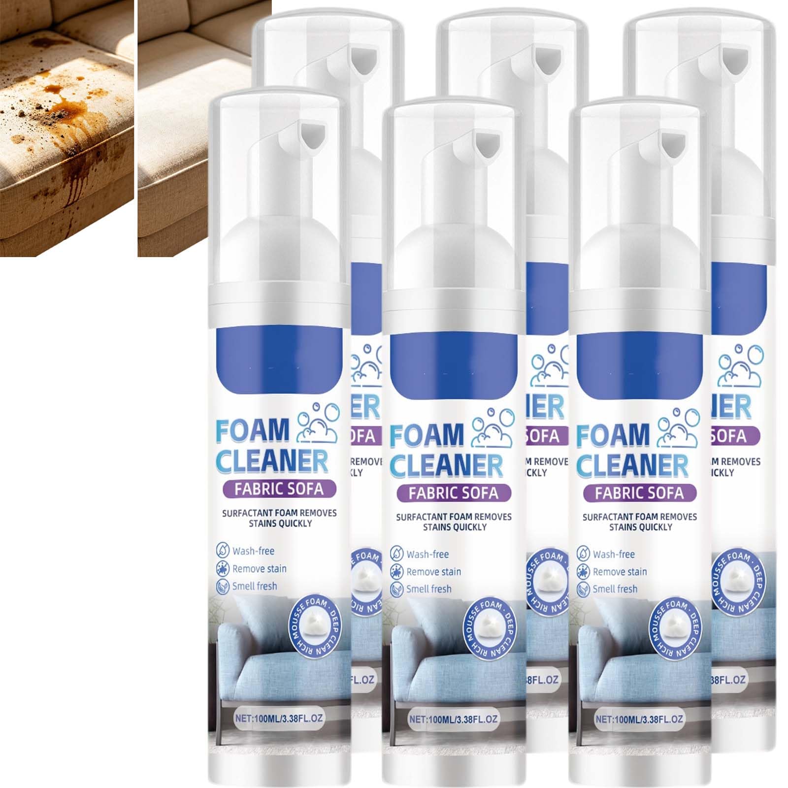 Pulitore per divani in tessuto, smacchiatore per divani, spray detergente per tessuti, senza risciacquo, detergente in schiuma per tappezzeria, detergente multiuso in schiuma Re/ini (6 pezzi)