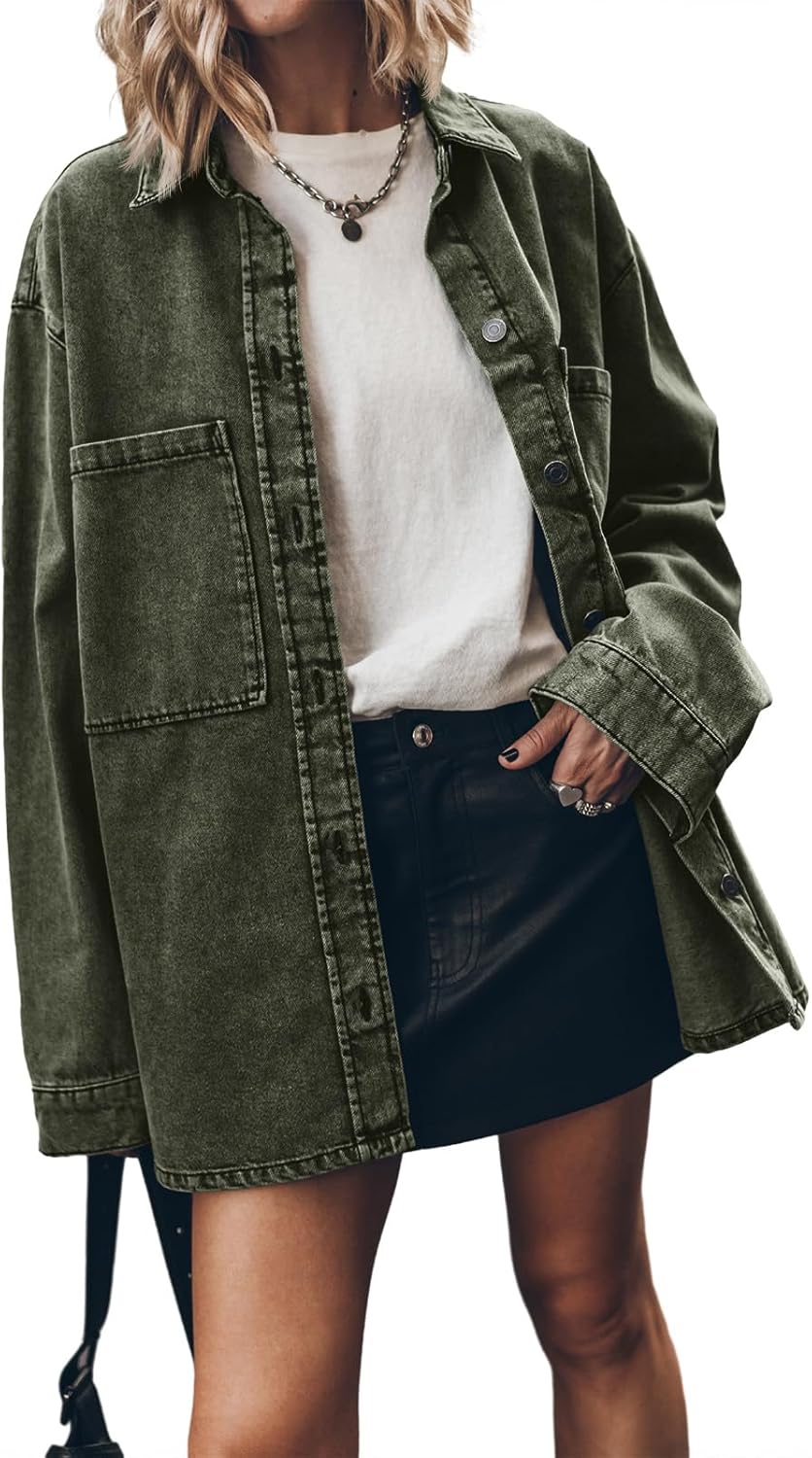 PLNOTME Womens Oversized Jean Jacket Casual Button Up Denim Overshirt Trendy Long Sleeve Denim Jacket Coat