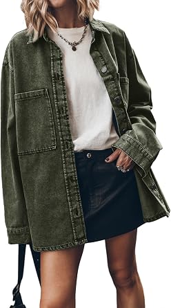 PLNOTME Womens Oversized Jean Jacket Casual Button Up Denim Overshirt Trendy Long Sleeve Denim Jacket Coat