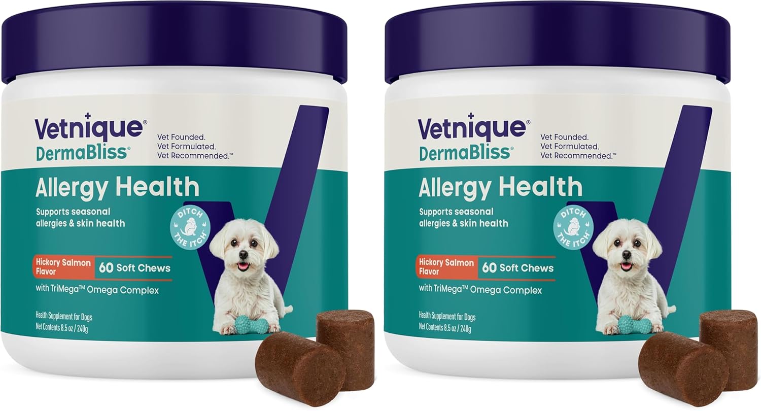 Vetnique Dermabliss Seasonal Dog Allergy Relief & Immune Support Supplement Allergy Chews for Dogs Itching and Licking with Omega 3 Fish Oil & Probiotics for Itch Relief (60 Count Chews) (Pack of 2)