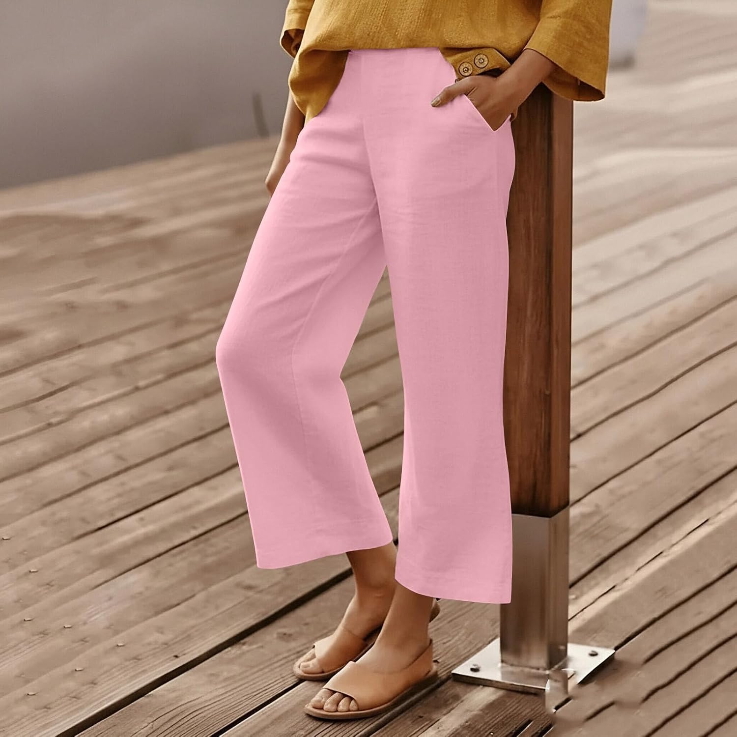 Women's Wide Leg Yoga Dress Pants High Waist Stretchy Pull On Work Pants Cropped Casual Lounge Ankle Pant with Pockets