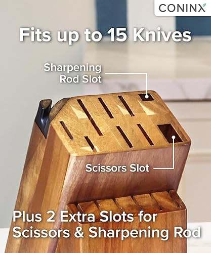 Miniatura 3 de Coninx Bloque universal para cuchillos con afilador integrado, soporte organizador de cuchillos de madera de acacia de 15 ranuras para encimera de