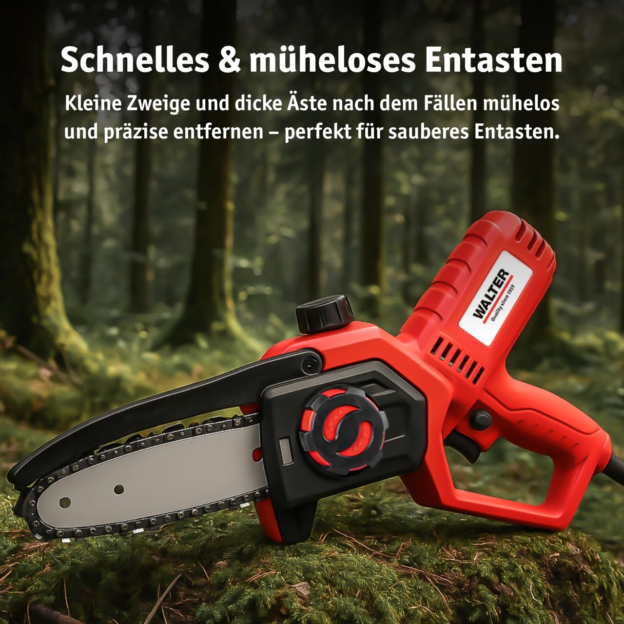 WALTER Kompakte Mini Kettensäge Elektro 650W, 20 cm Schwert, Astsäge