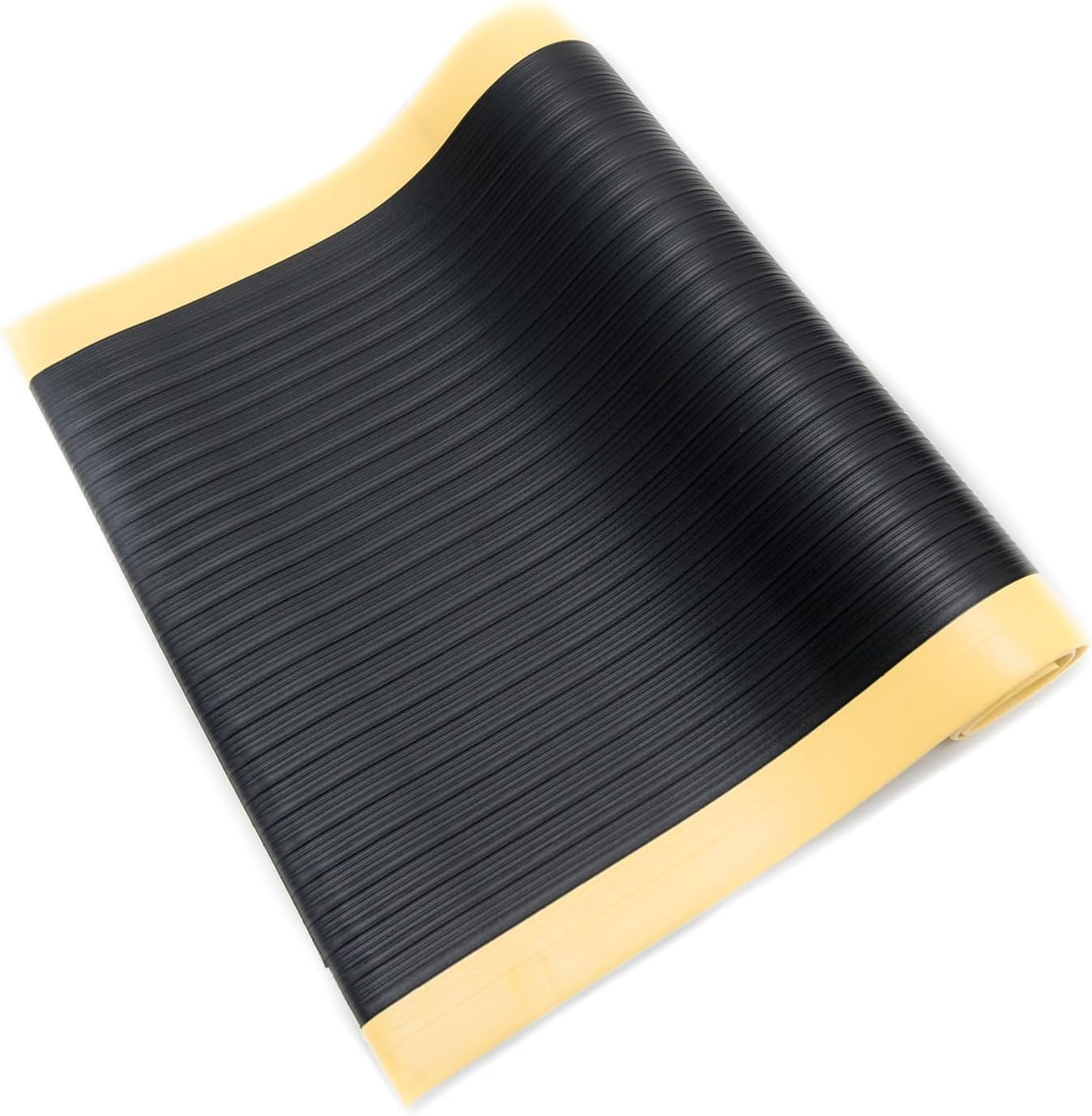 Bertech Anti Fatigue Floor Mat (Made in USA), 3 Feet Wide x 12 Feet Long x 3/8 Inches Thick, Ribbed Pattern Top, Black with Yellow Border, Bevelled on All Four Sides, RoHS and REACH Compliant