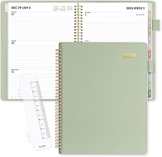 SUNEE 2026 Planner, Weekly and Monthly Calendar Planner 9"x11.2"- 12 Month (January 2026 - December 2026), Vegan Leather Cover, Pocket, Bookmark, Notes, Monthly Tab, Sage Green