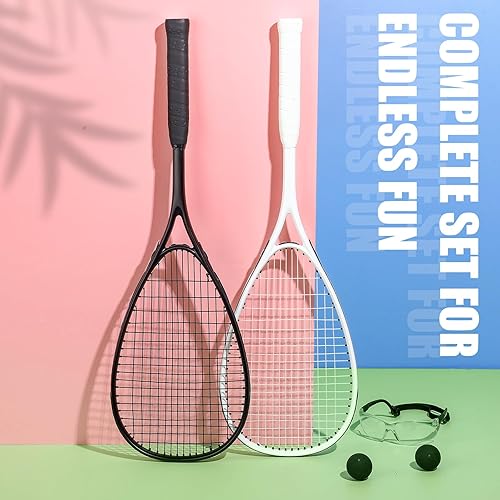 Miniatura 4 de Paquete de 2 raquetas de squash para principiantes, incluye 2 raquetas con bolsas de raqueta, 2 gafas antivaho con estuches y 2 bolas de calabaza de