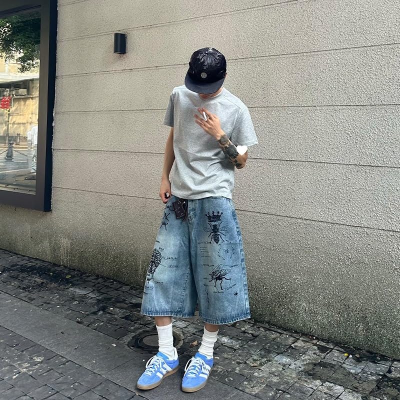 BXCNCKD Men's Street Graffiti Printed Jeans, Loose Retro Cropped Pants, Casual Straight Leg Pants2