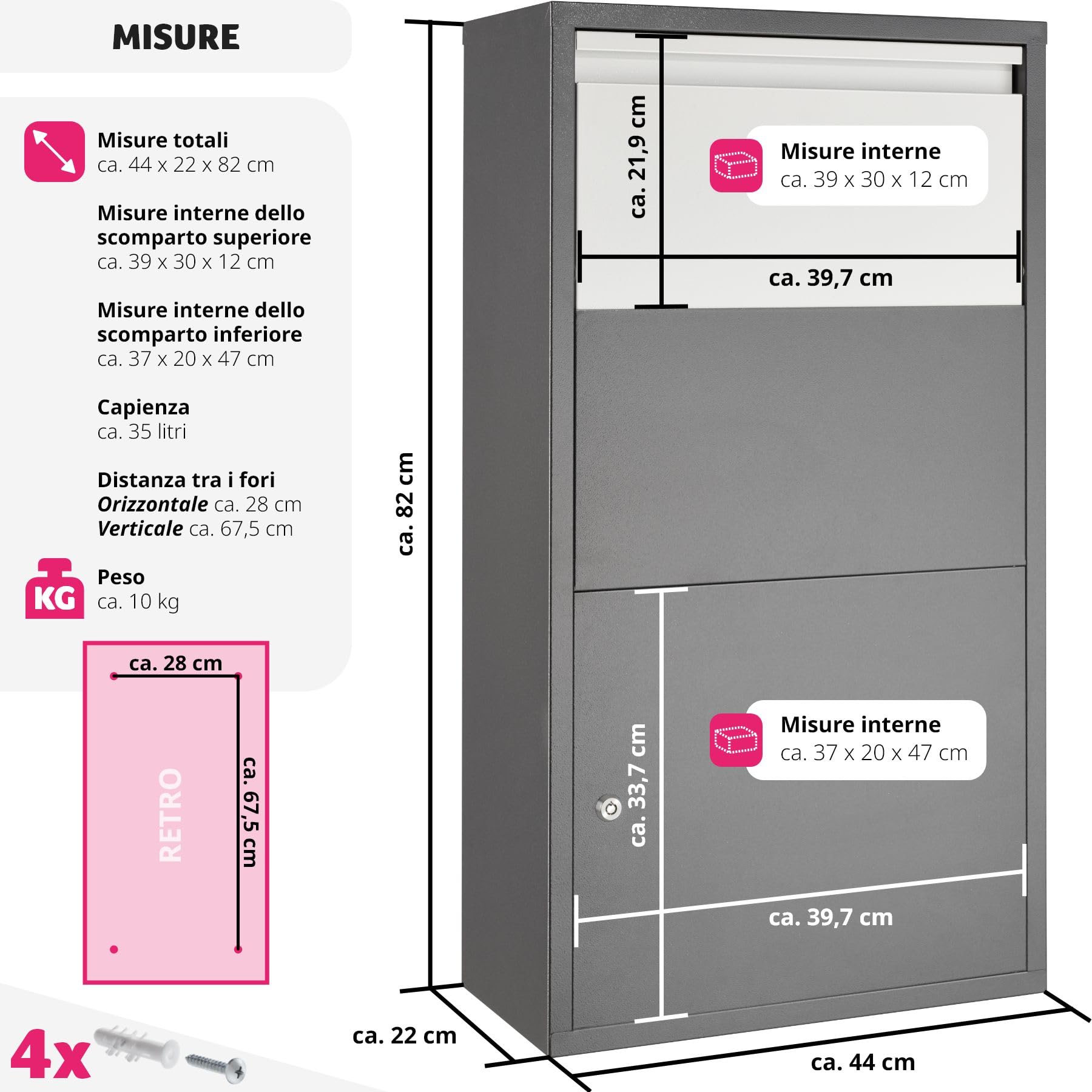 tectake® Cassetta per Pacchi, Cassetta della Posta Preassemblata, Apertura Cassetta Postale per Esterni con Blocco Antifurto, Serratura Cilindrica con Due Chiavi, Cassetta Lettere 44 x 22 x 82 cm