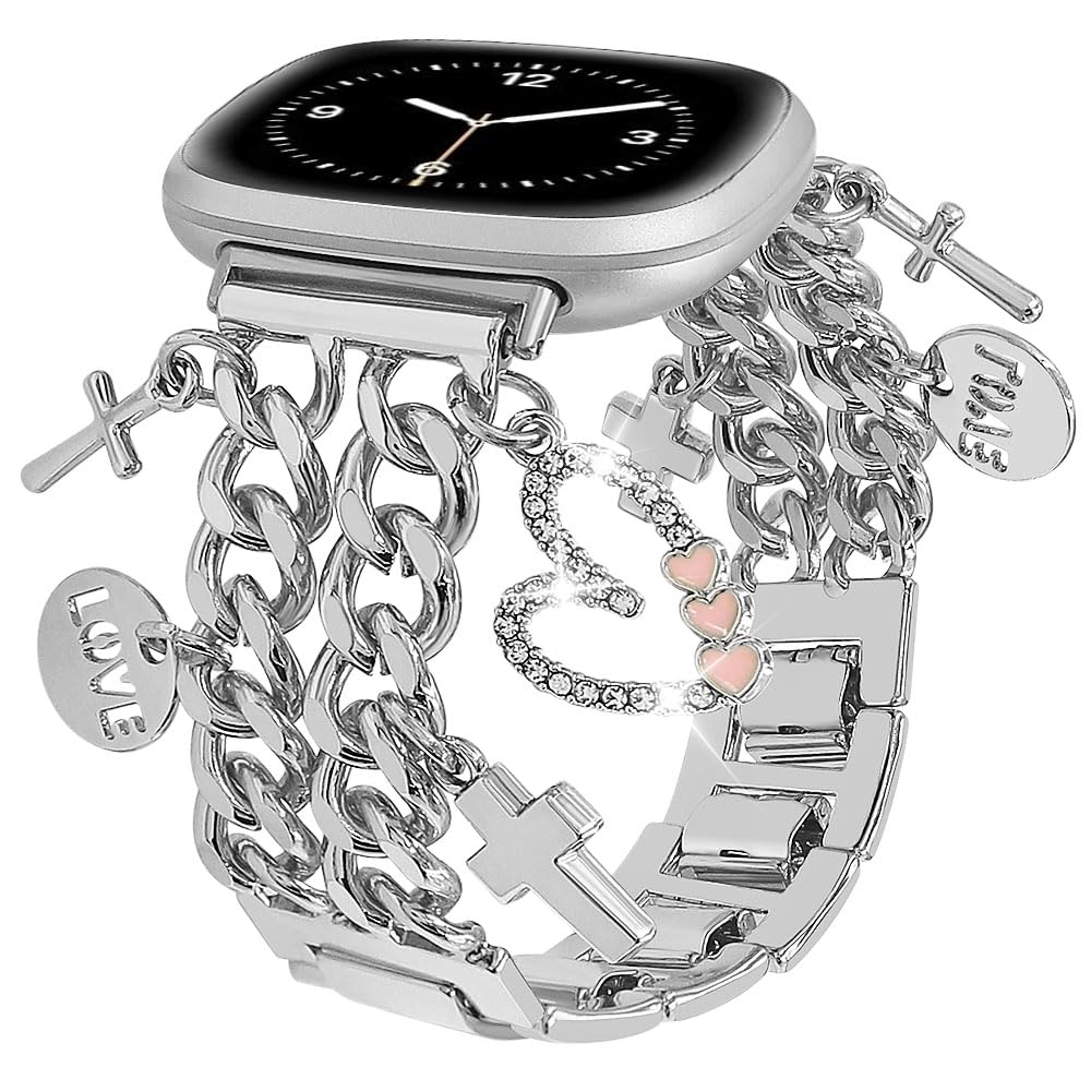 REALSIGN Stylish Cuban Chain Band Compatible with Fitbit Versa 4/Versa 3/Sense 2/Sense/Women,Metal Link Chain Wristband with Cute Charms Pendants