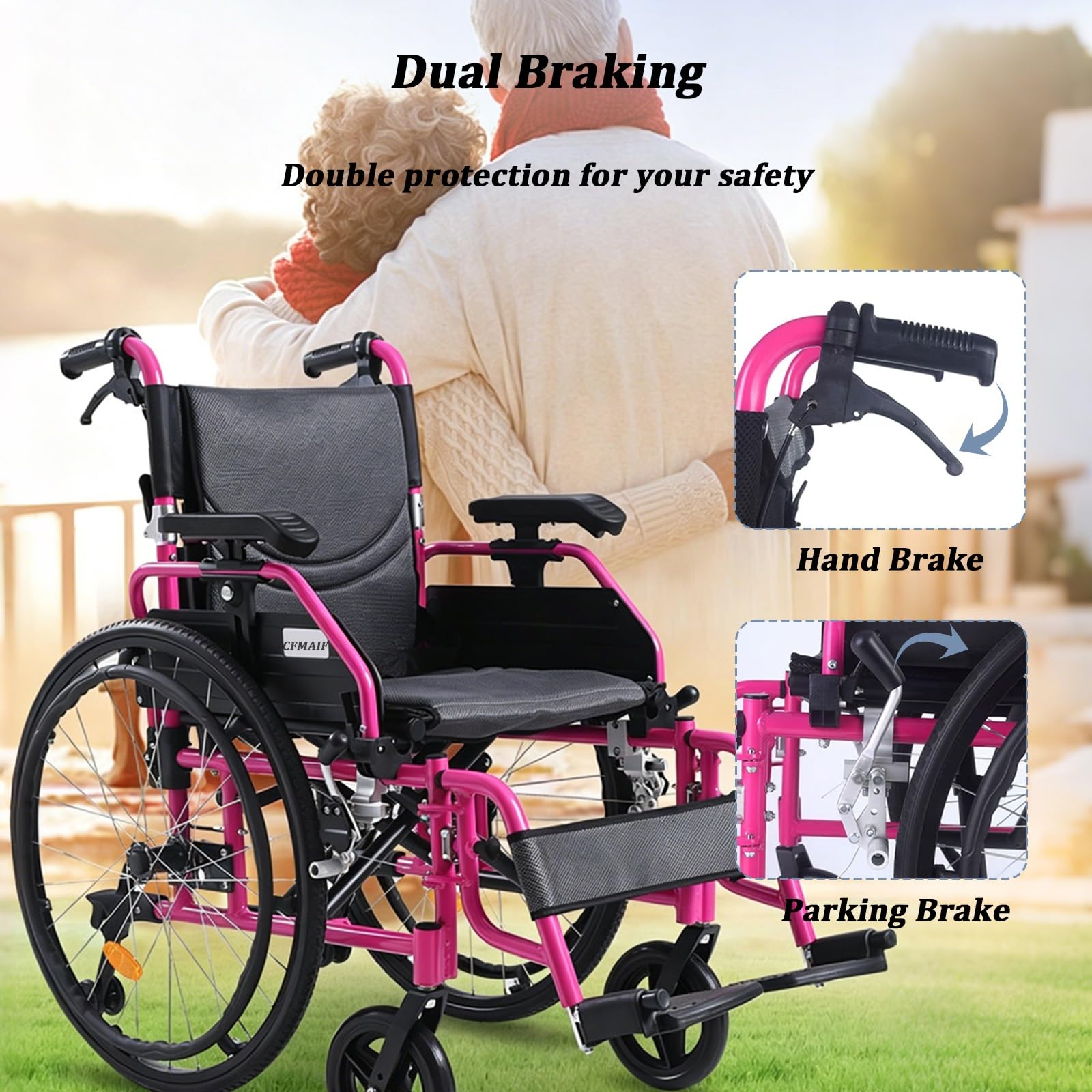 Sedia a rotelle pieghevole, Alluminio, Due sistemi frenanti, Pedane pieghevoli e rimovibili, Sedile 48 cm,Ruote piene(Pink)