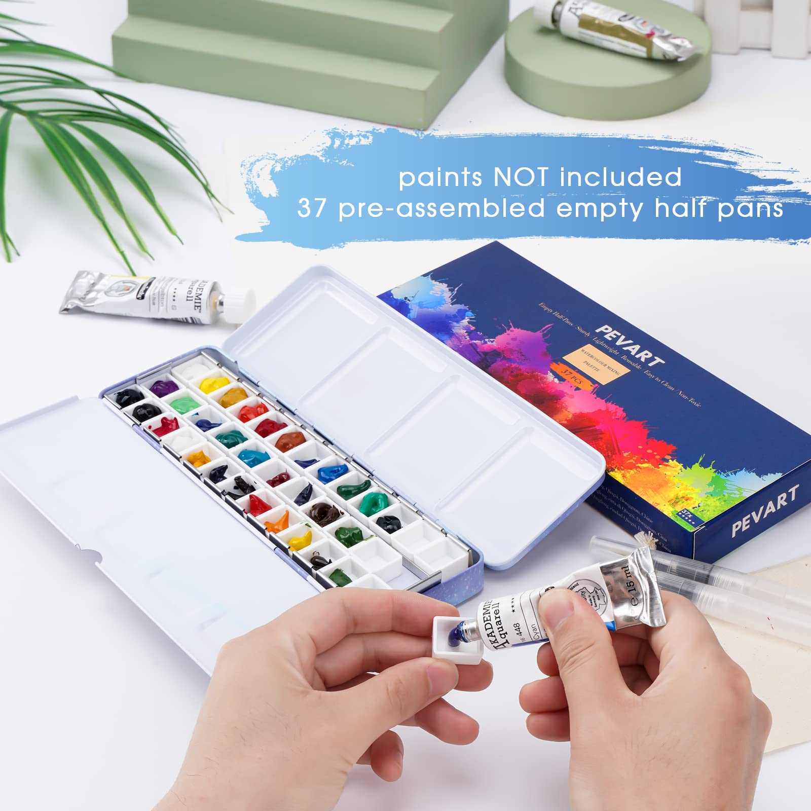 Aquarellpalette Metallkasten 22x11cm - Mit 52 Leeren Farbnäpfen Für Künstler