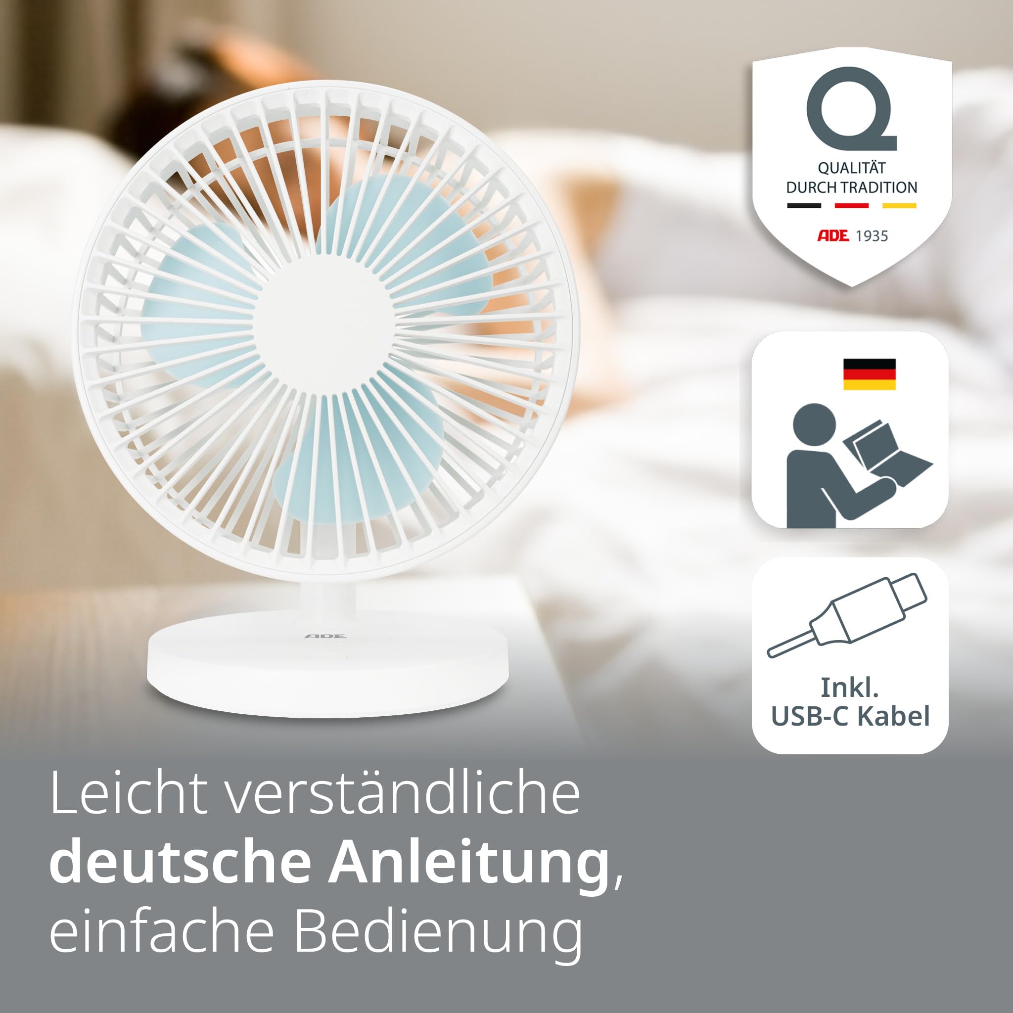 ADE Tischventilator USB 3 Stufen Akku 7,5 h 2000 mAh 90° Neigung weiß
