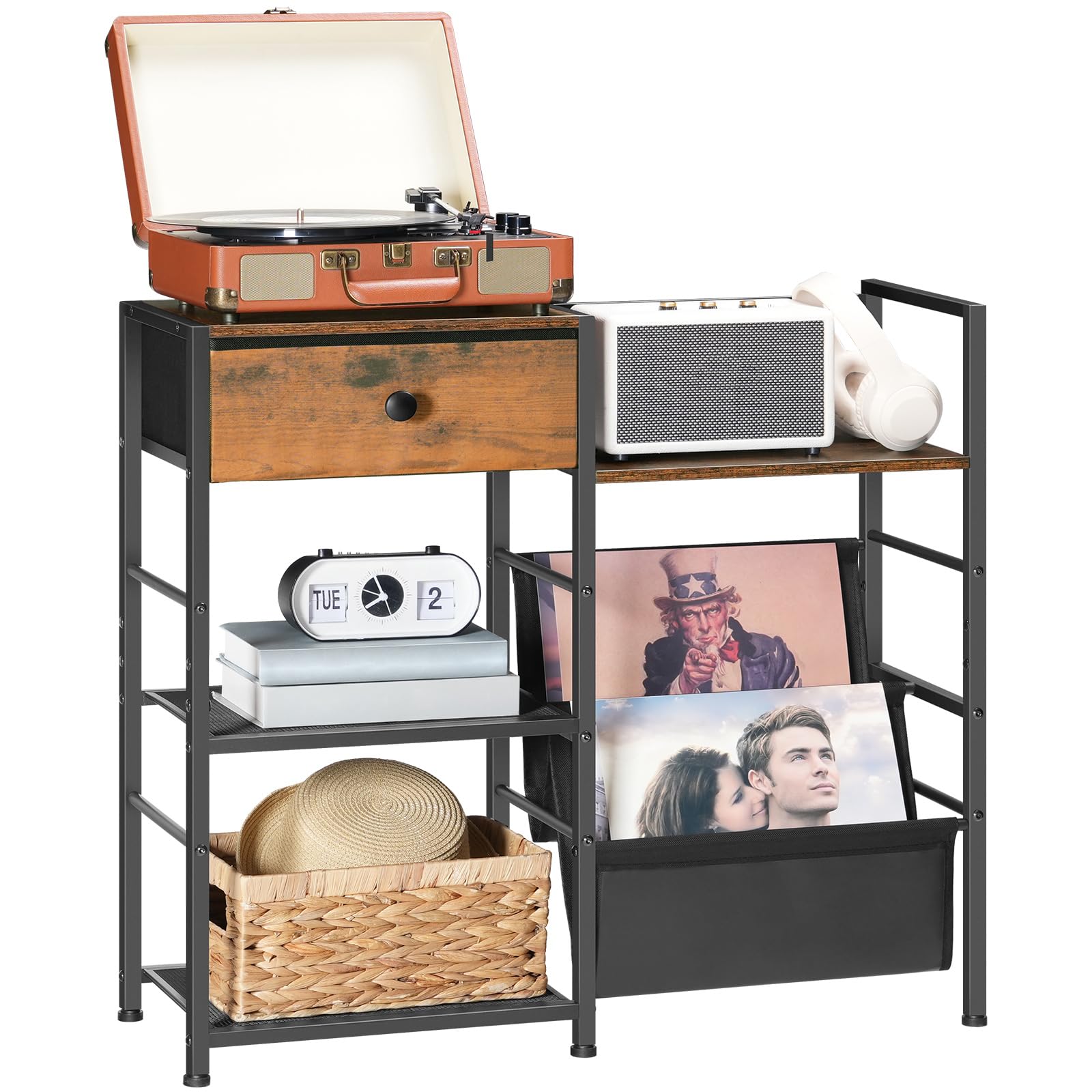 HOOBRO Record Player Stand, End Table with Vinyl Storage, 4 Tier Vinyl Record Storage, Side Table with Open Shelves, Turntable Stand for Living Room, Media Room, Rustic Brown EBF75CJ01