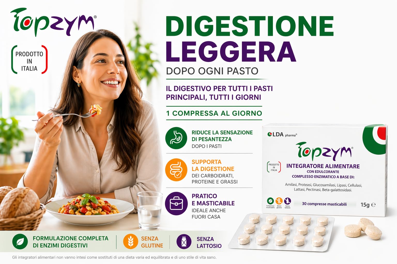 Topzym Enzimi Digestivi Completi – Integratore Digestivo Naturale per tutti i giorni - contro il Gonfiore Addominale - Digestione Rapida e Leggera - Kit 2 Confezioni