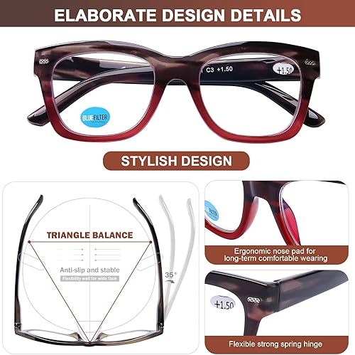 Miniatura 4 de AQWANO Gafas de lectura de gran tamaño con bloqueo de luz azul, lector de diseño de moda para computadora para mujeres y hombres,