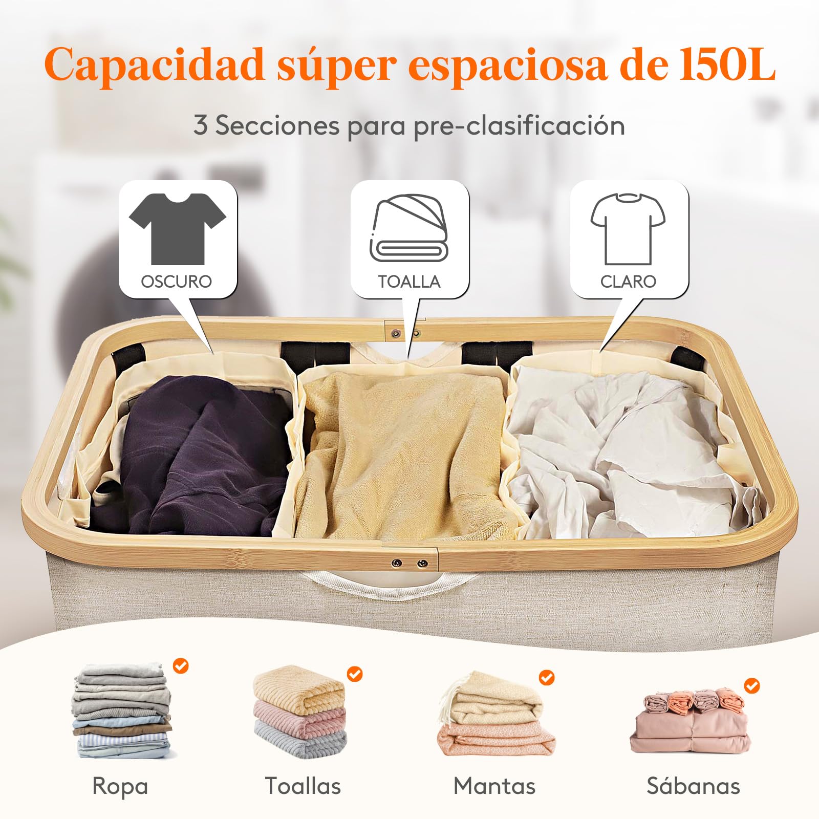 Lifewit 150L Cesto Ropa Sucia con Tapa, Grande Cesta para la Ropa Sucia con 3 Compartimientos y 3 Bolsas, Cubo Ropa Sucia para Dormitorio, Baño y Lavadero, Beige