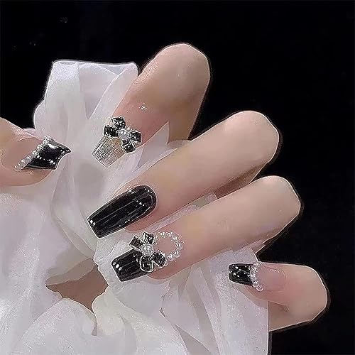 24Pcs Artificial Acrylic Fake Nails With Black Pearl Bow Designs - Full Cover Reusable Coffin Shape Press On Nails - Medium Length, Women's Glue On Stick On Nails For Nail Art - Black Butterfly Bow