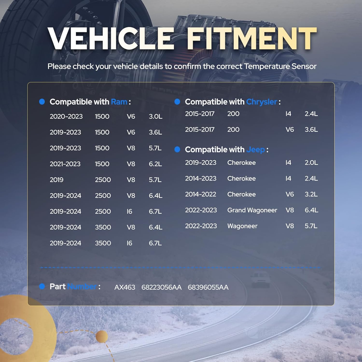 ENA Heater Core Temperature Sensor Compatible with Ram 1500 2500 3500 Jeep Cherokee Wagoneer Chrysler 200 2.0L 3.6L 5.7L l4 V6 2014-2019 2020 2021 2022 2023 2024 Replaces AX463 68223056AA 5S16678