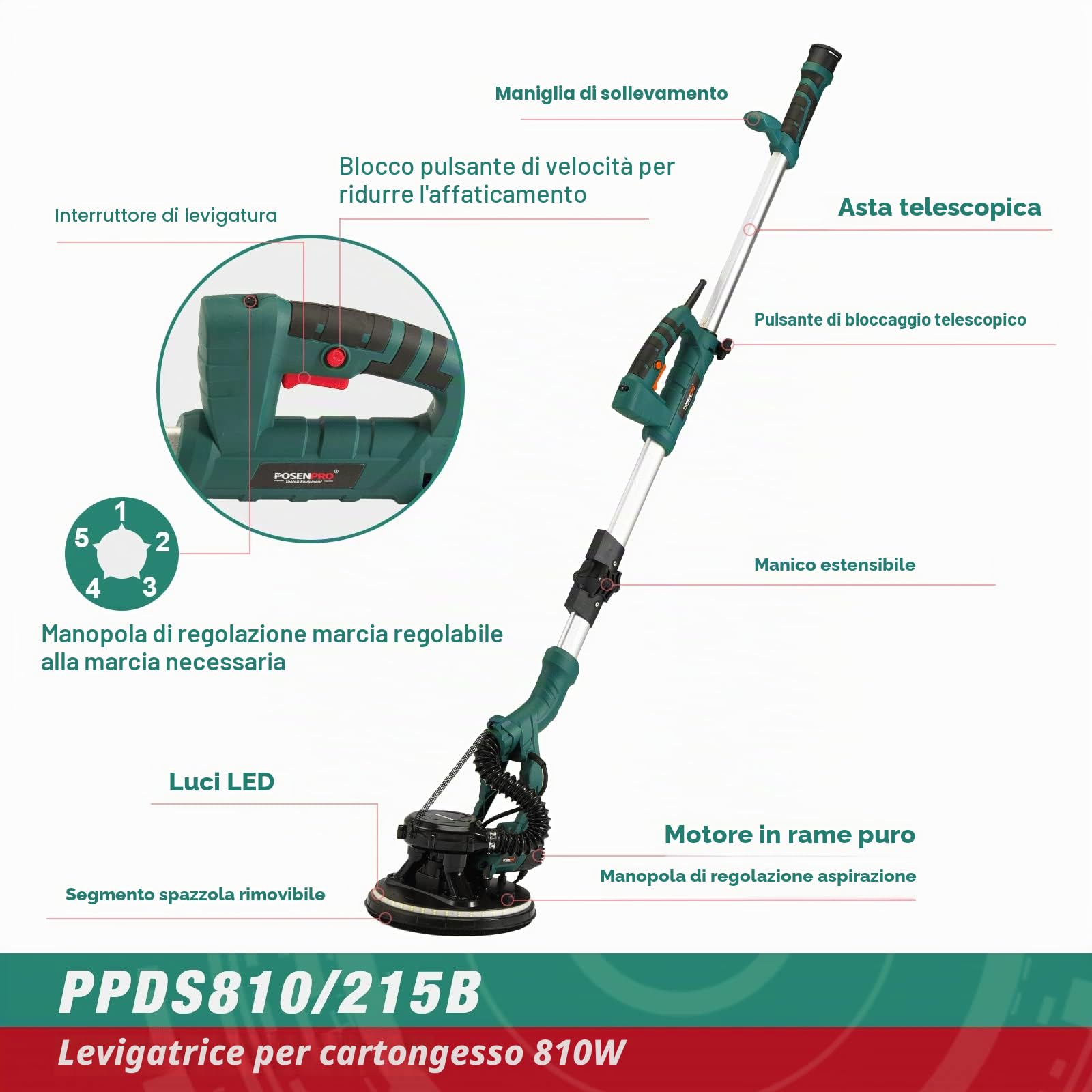 POSENPRO Levigatrice per muro telescopica, 810 W, diam. Platorello 215mm, impugnatura telescopica, attacco per aspiratore, incl. 18 carte abrasive