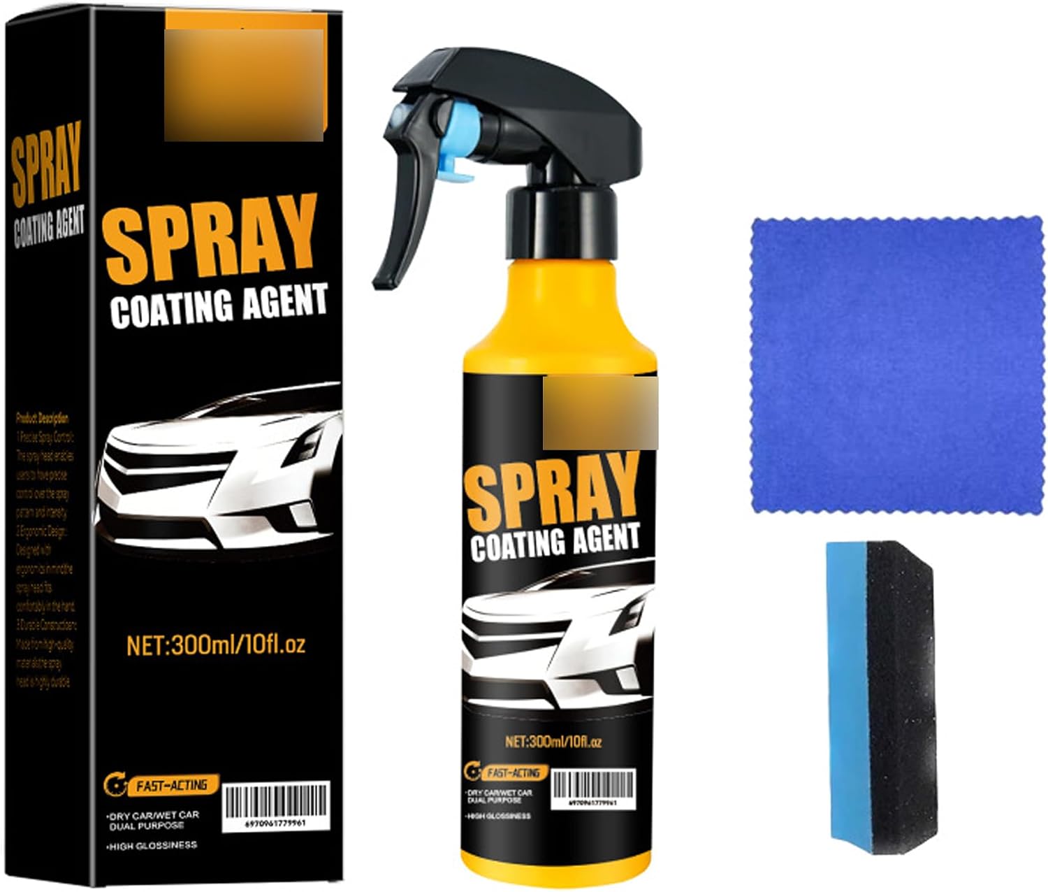 Car Coating Spray Kit,Nano Hydrophobic Ceramic Coating,Easy-to-Spray Auto Paint Protection,Includes Microfiber Cloth for Vehicle Shine & Protection300ml(1sponge+1towel) for Daily use