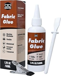 Fabric Glue Permanent, 50ML Washable Clear Clothing Adhesive for Clothes, Denim, Leather, Patches & Rhinestones, Flexible Bond, No-Sew – Includes Spatula & Clamp (1.7 fl oz)