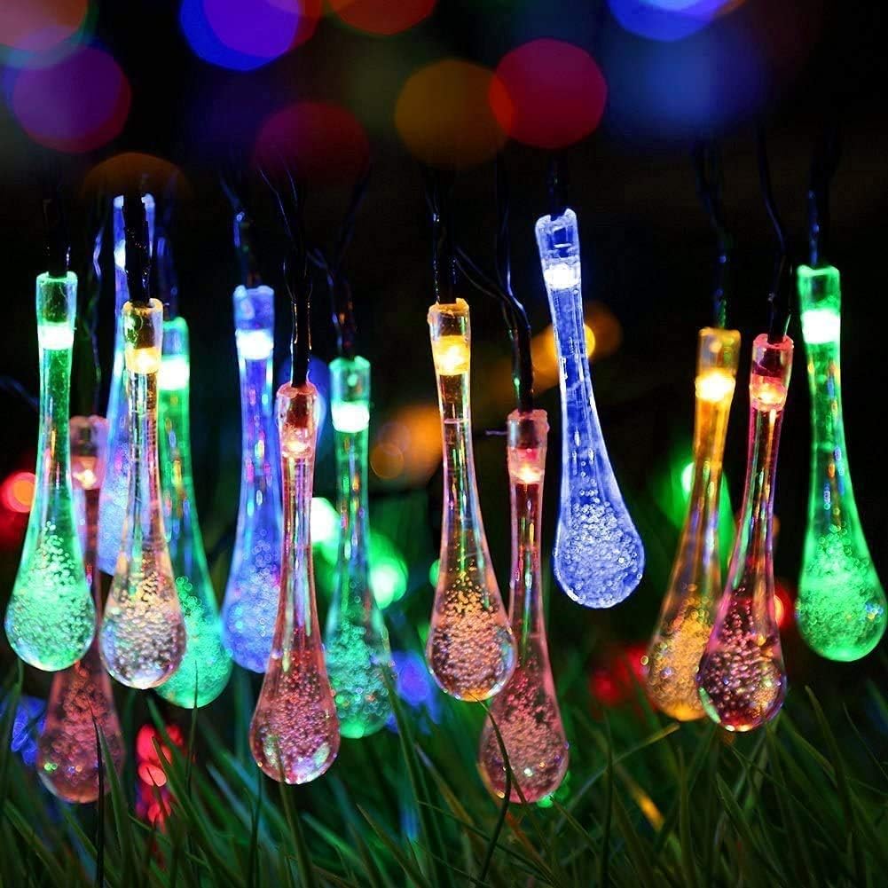 Solar Outdoor String Lights Waterproof 23ft 50 LED Crystal Water Drop Solar Powered Christmas String Fairy Lights for Outdoor,Gardens Patio Homes Wedding Christmas Party (Multicolor)