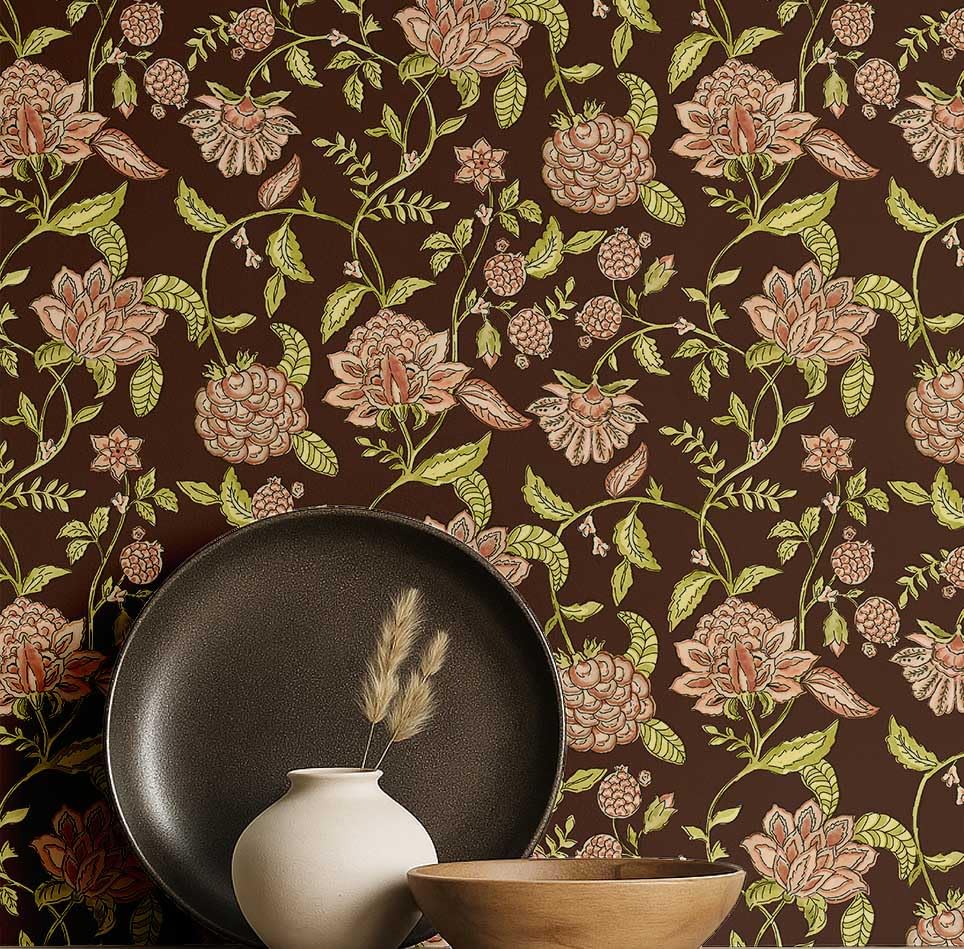 Papier peint floral botanique en vinyle texturé marron