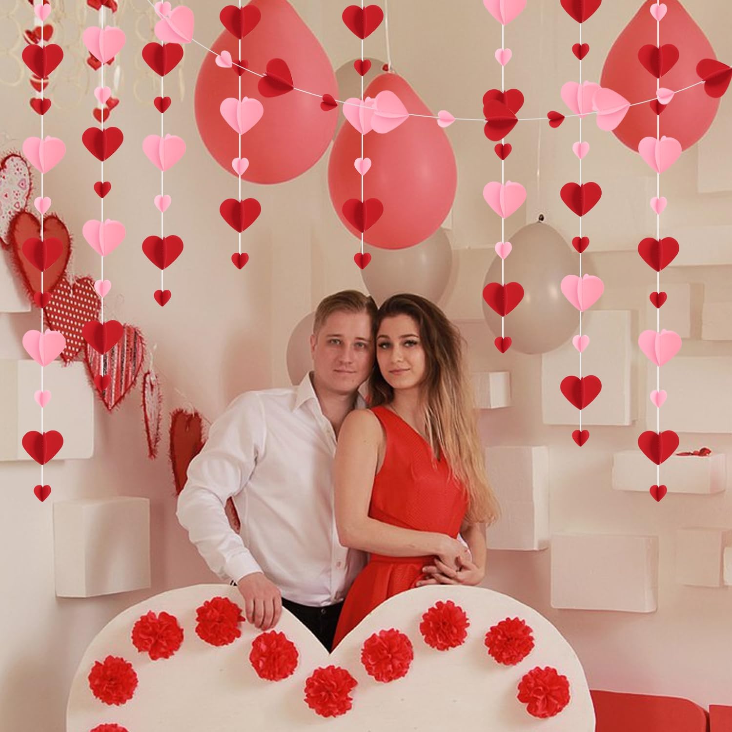 5 Packs Red Pink 3D Love-Heart-Shaped Garland Banner Decor Hanging Paper Streamers,for Engagement Wedding Anniversary Valentine's Day Bridal Baby Shower Birthday Party Supplies（49FT） - Image 4