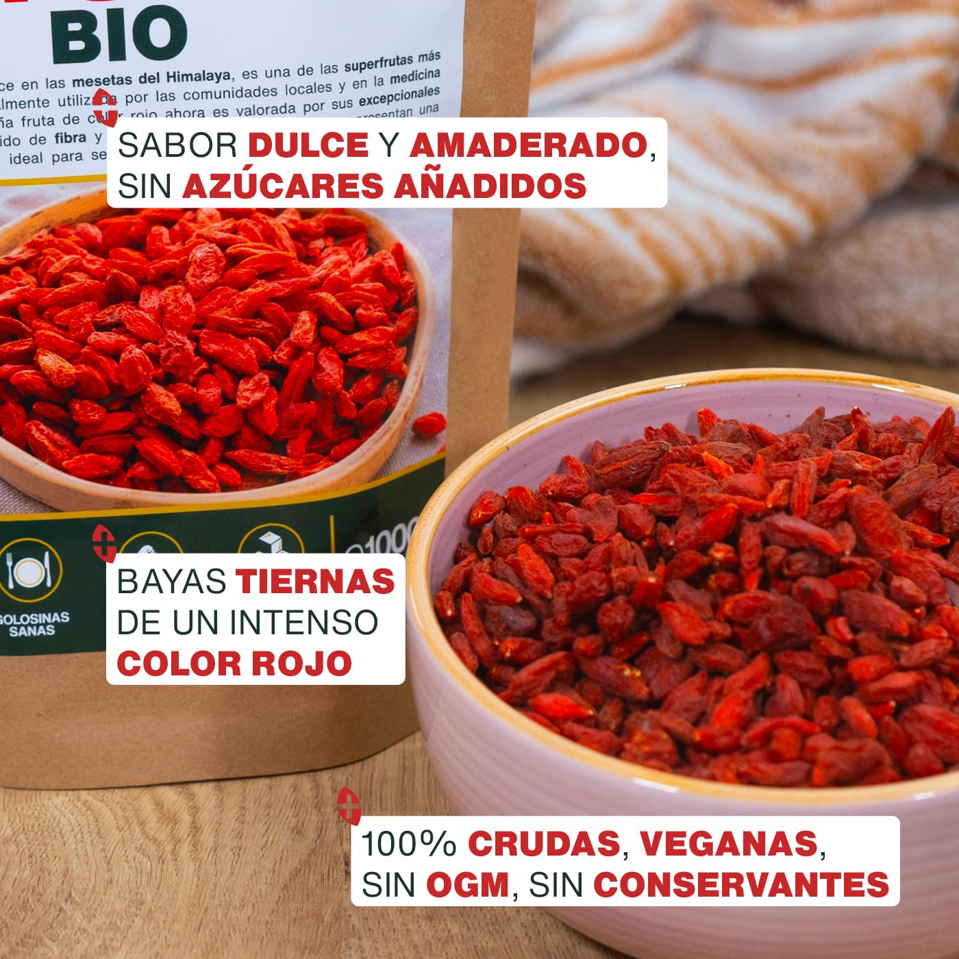 Bayas de Goji BIO | Sin Azúcares Añadidos, 100% Orgánicas | Bayas deshidratadas | Primera Calidad