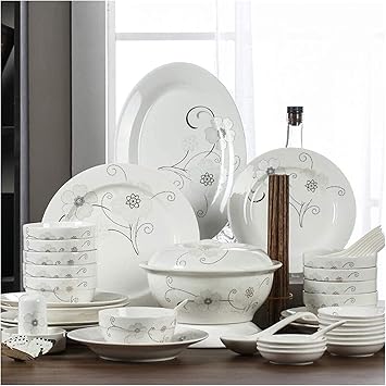 Stylish Dinner Set for Restaurant and Home Ceramics Dinnerware Set with 46-Piece Bowl/Stockpot/Dish/Spoon| Dinner Sets Flower Pattern Porcelain Combination,
