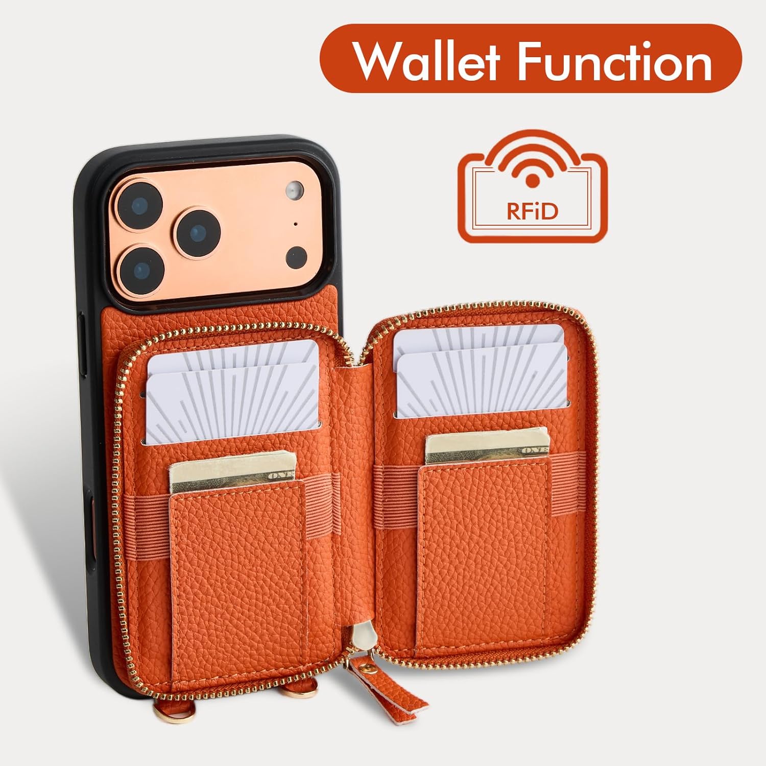 ZVE for iPhone 17 Pro Max Wallet Case Compatible with Magsafe, Zipper Phone Cover with Chain Wrist Strap RFID Blocking for 6.9" Orange