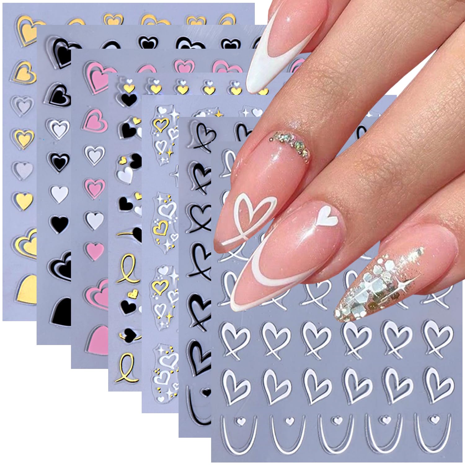 Heart Nail Stickers for Nails Art 8Sheets Hearts Nail Decals Red White Black Pink Red Heart Love Nail Design Stickers for ...