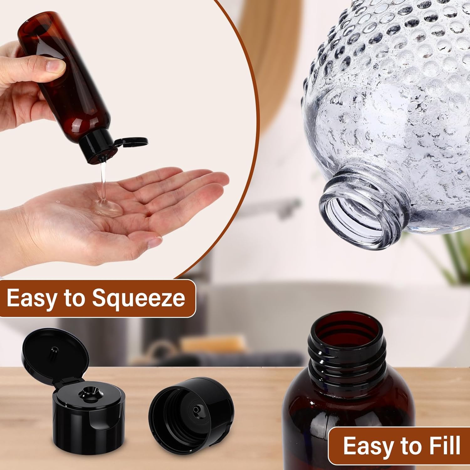 Mimorou 50 Pcs Plastic Squeeze Bottle with Cap Empty Amber Refillable Container Small Travel Toiletry Bottle for Lotion Shampoo Oil Body Soap Creams(Flip-top Lid,4oz,Brown/black)