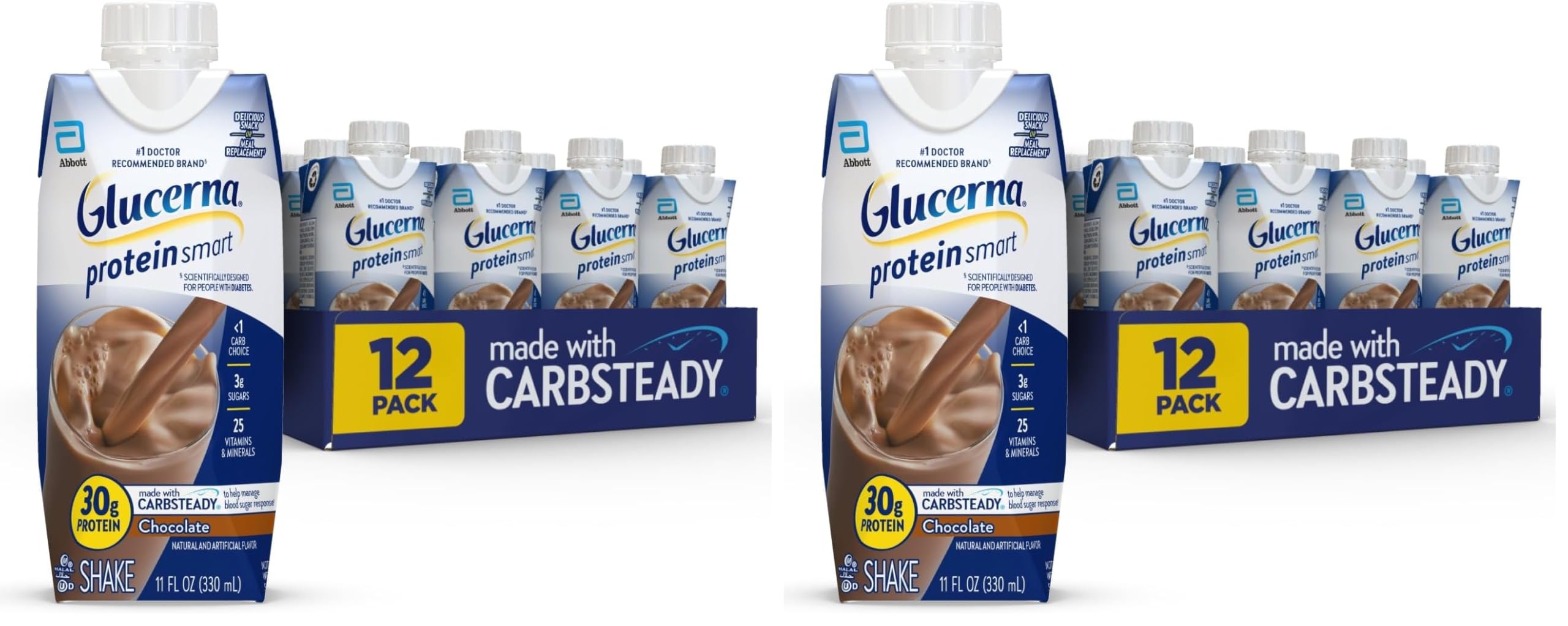 Glucerna Protein Smart Nutritional Shake, Diabetic Protein Drink, Blood Sugar Management, 30g Protein, 150 Calories, Chocolate, 11-fl-oz Carton, 12 Count (Pack of 2)