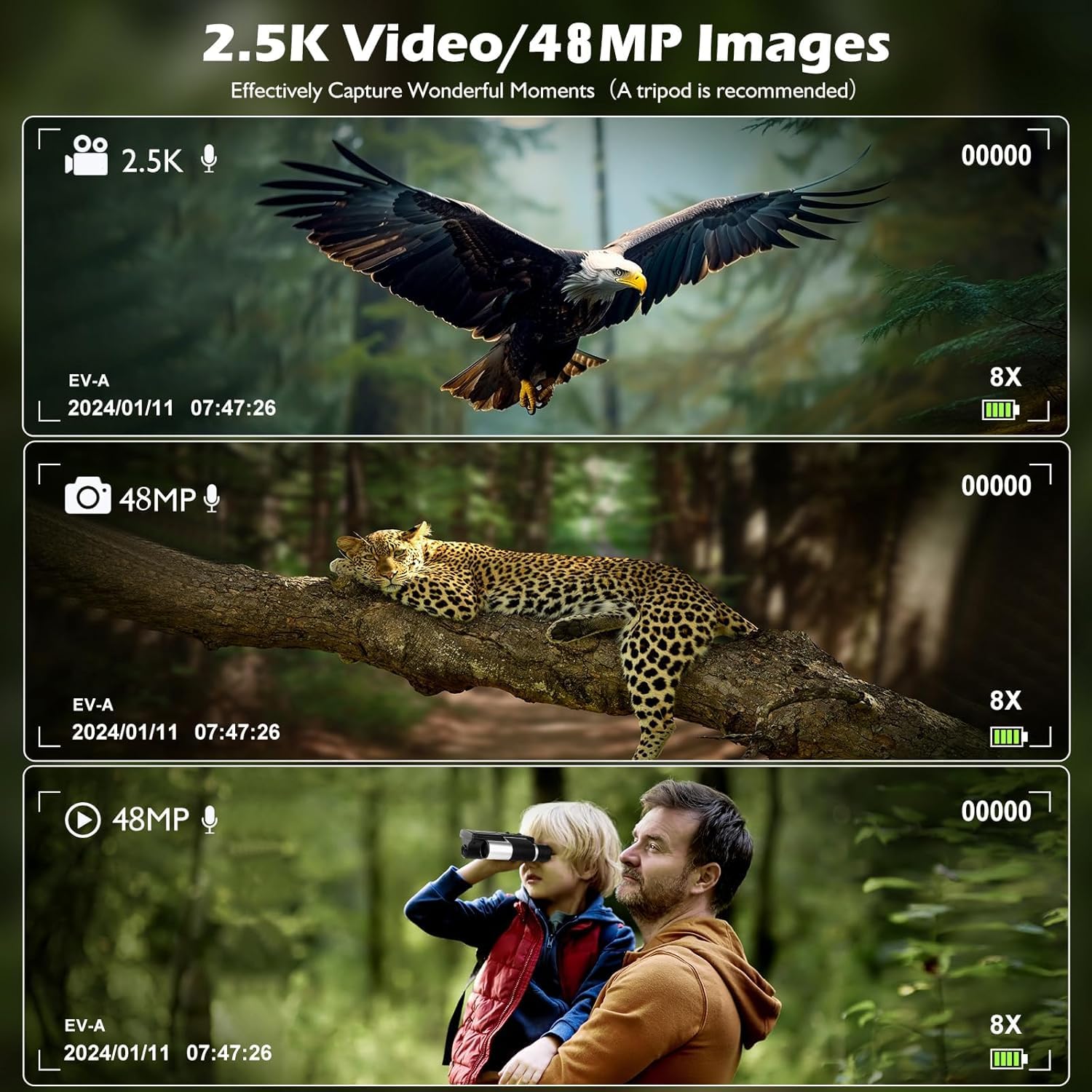 Jumelles d'appareil photo numérique 2 en 1 pour adultes, 12 x 32 HD avec écran LCD de 2,4", enregistrement vidéo 48 MP et 2,5 K, zoom numérique 8X pour observation des oiseaux, concerts, voyages 16 Go
