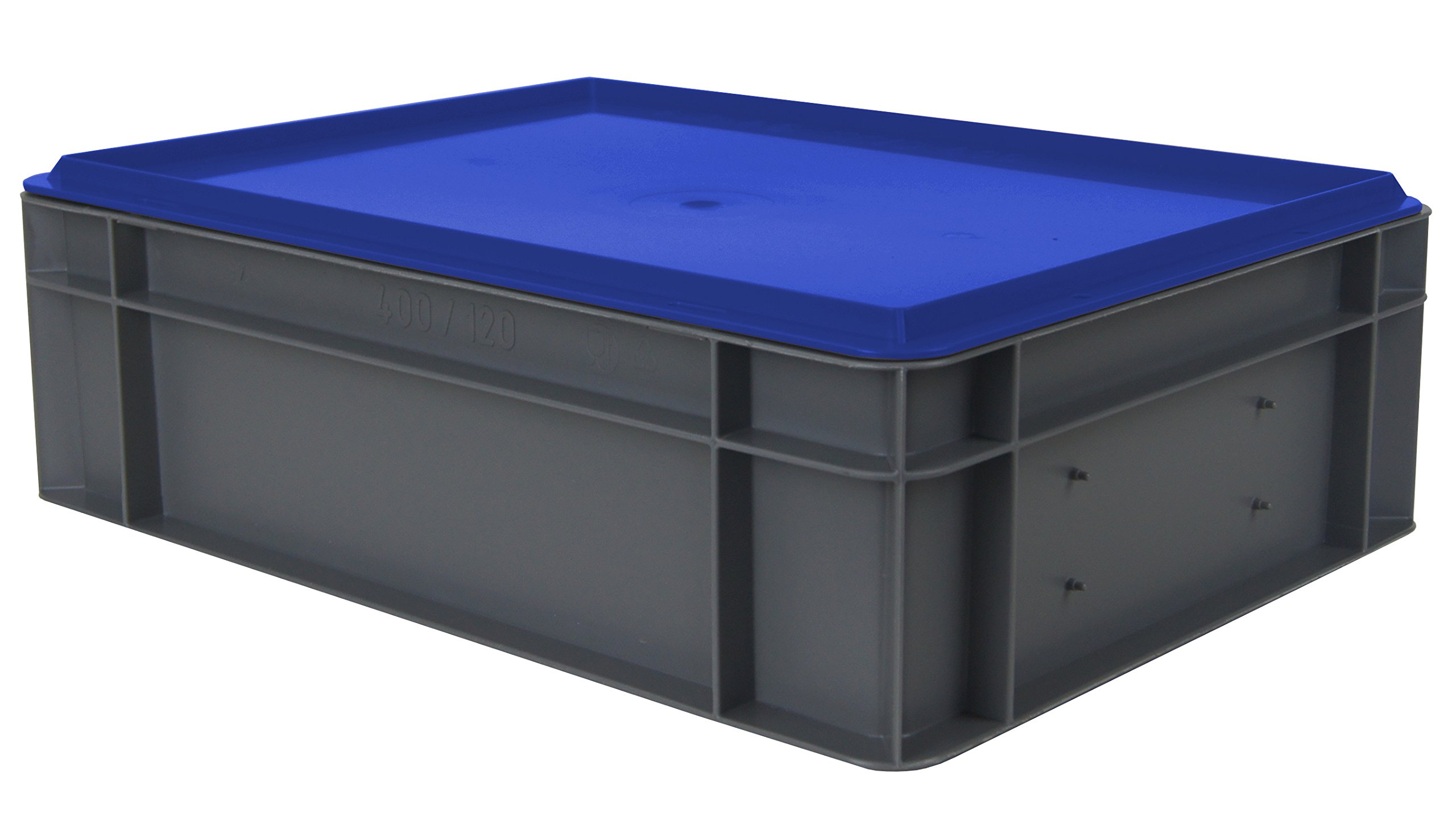4 pièces en EURO Boîte Empilable, Gris avec couvercle amovible, 400 x 300 x 131 mm Bleu (L x l x h), en PP