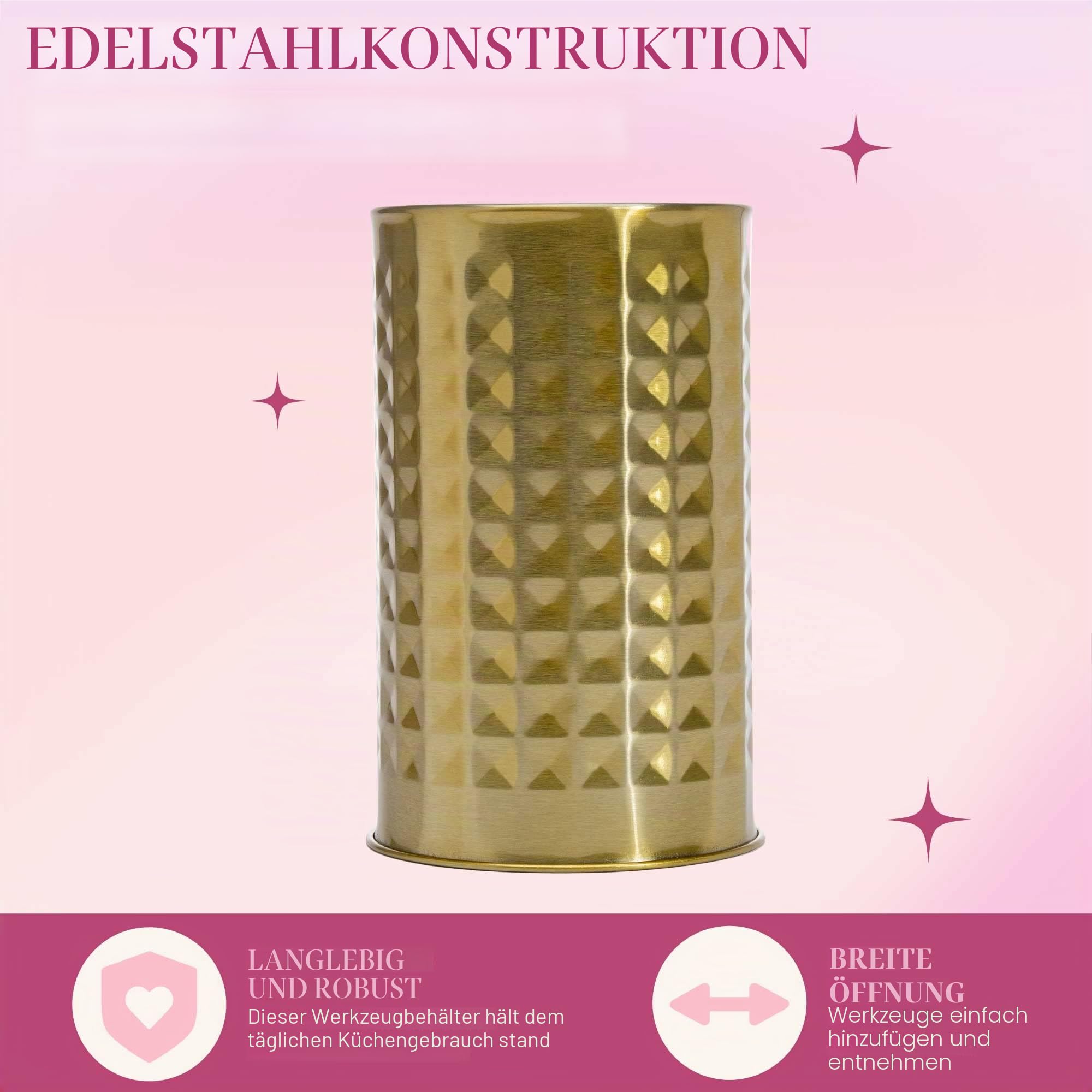 Paris Hilton Küchenset, Werkzeugtopf mit Silikon-Kochutensilien, Schneebesen und Schöpfkelle, 7-teilig, Rosa und Gold