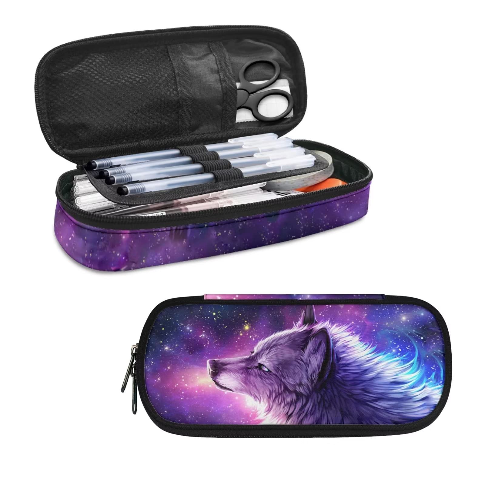 HELLHERO Galaxy Wolf Pencil Case for Kids Girls Boys School Pencil Pouch Washable Pen Bag Portable Pen Holder Box Storage Organzier for Women Men Office Work Gifts