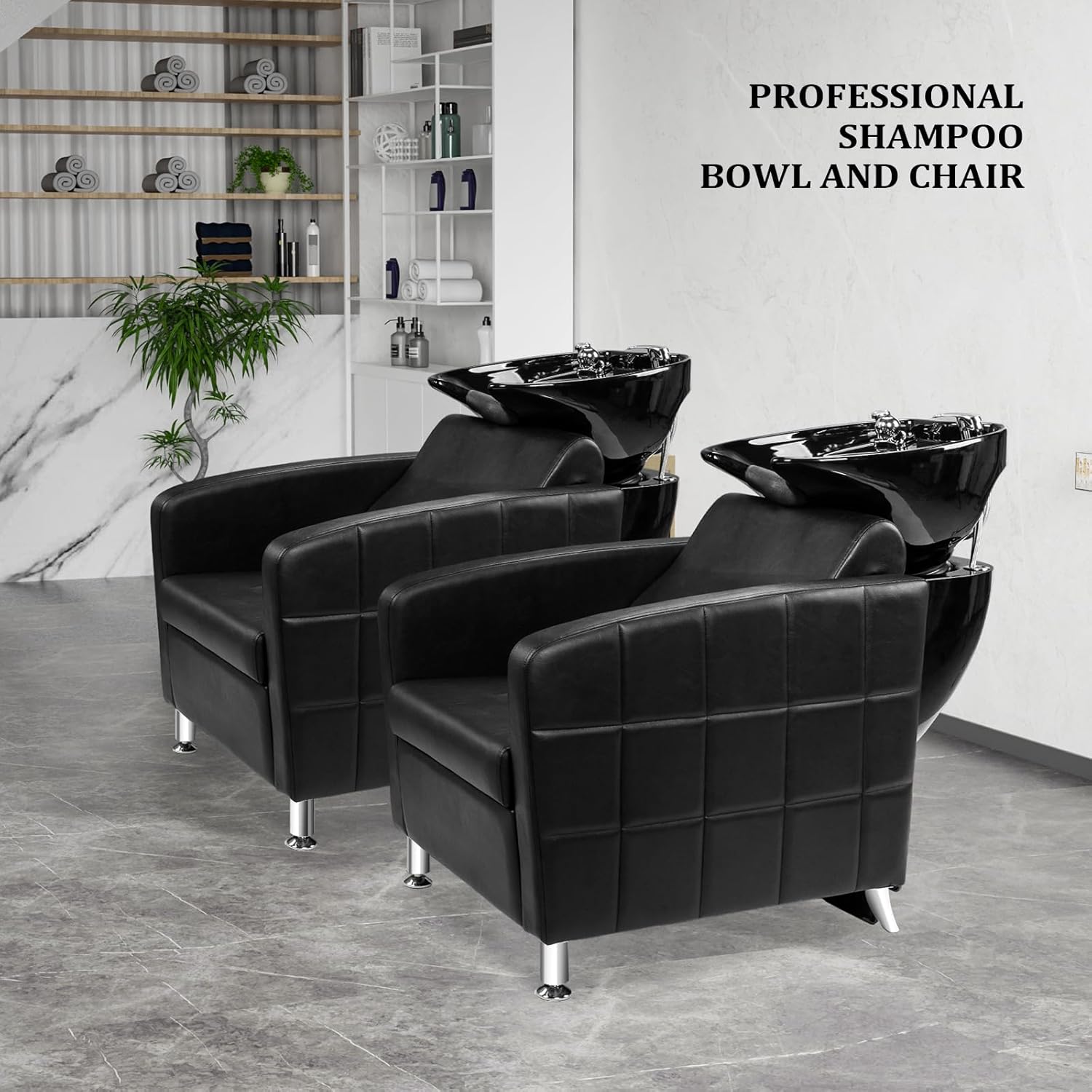 OmySalon Salon Shampoo Bowl and Chair, Shampoo Chair Extra Wide Seat & Porcelain Hair Washing Sink, Shampoo Unit for Beauty Spa Barbershop, Black