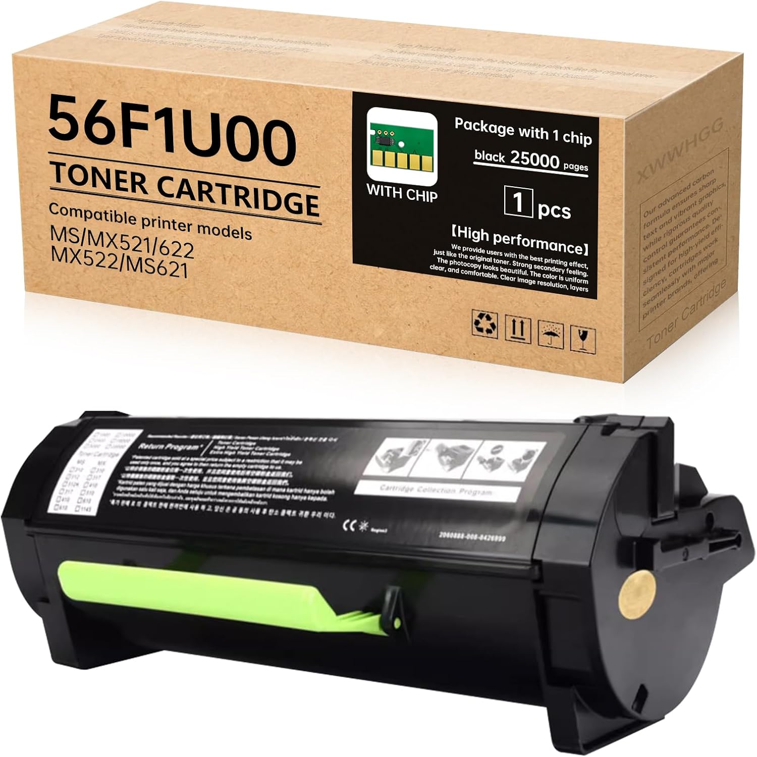 56F1U00 56F1U0E Ultra High Yield Black Toner Cartridge (25,000 Pages) - Compatible with Lexmark MS521, MS621, MS622, MX521, MX522, MX622, MS521dn, MX521ade, MS621dn Series Laser Printers(with Chip)