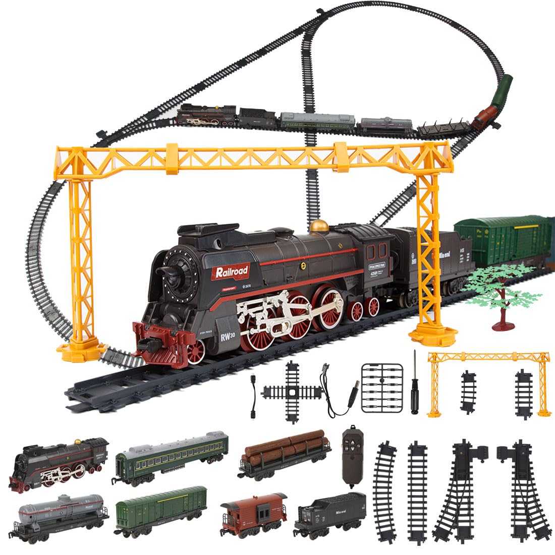 NULA 62904B Kit de train télécommandé avec rails, locomotive électrique avec fumée, lumière et son, pour décoration de Noël et adultes amateurs