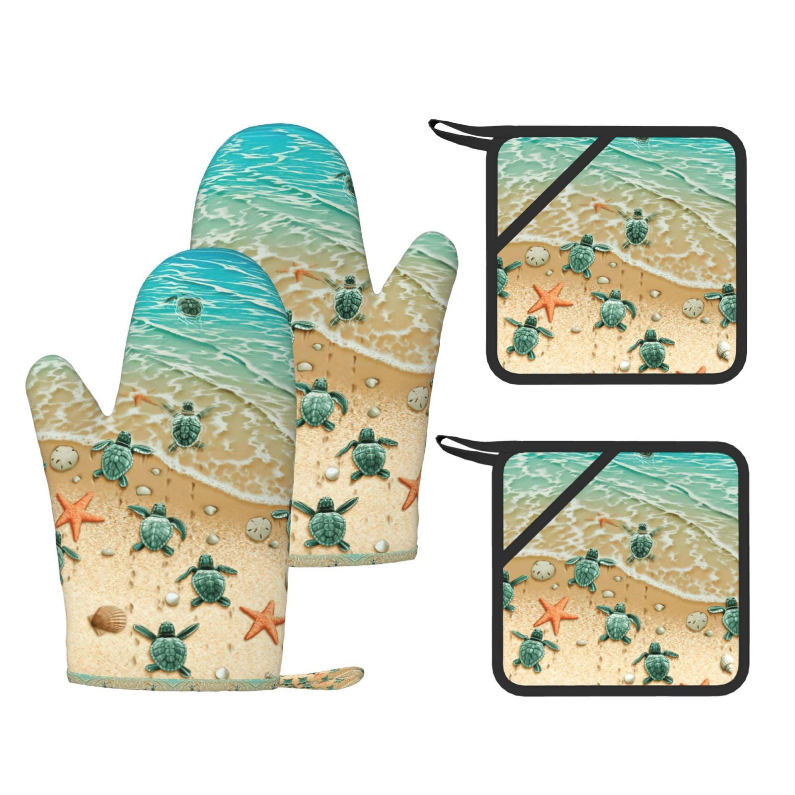 Turtle starfish Fashion Printed Kitchen Kit with Heat Resistant Oven Mitts & Non-Slip Hot Pads for Baking