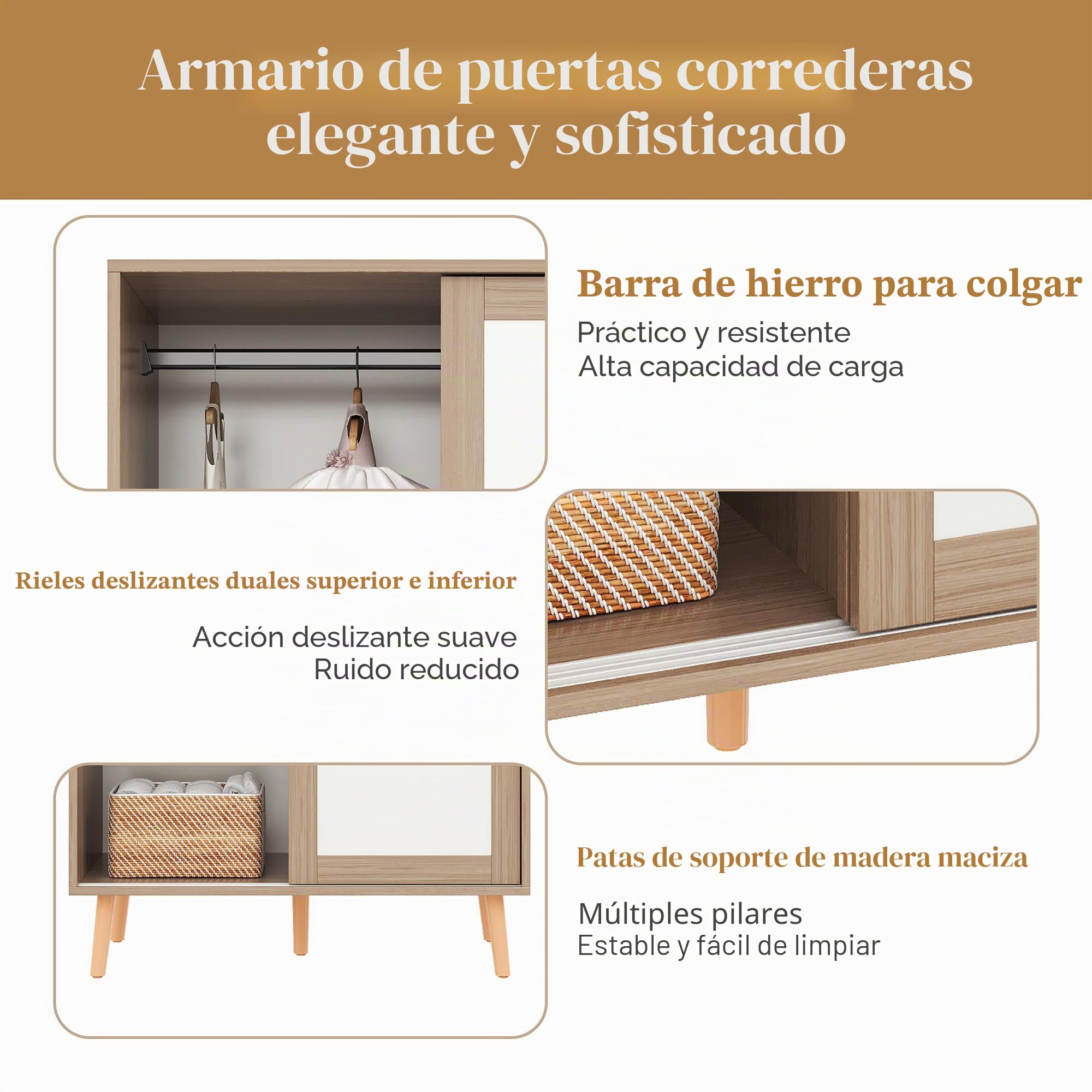 Armario para niños con puertas correderas con barra, material de aglomerado, patas de madera maciza, blanco y madera natural, 80 x 46 x 141,5 cm