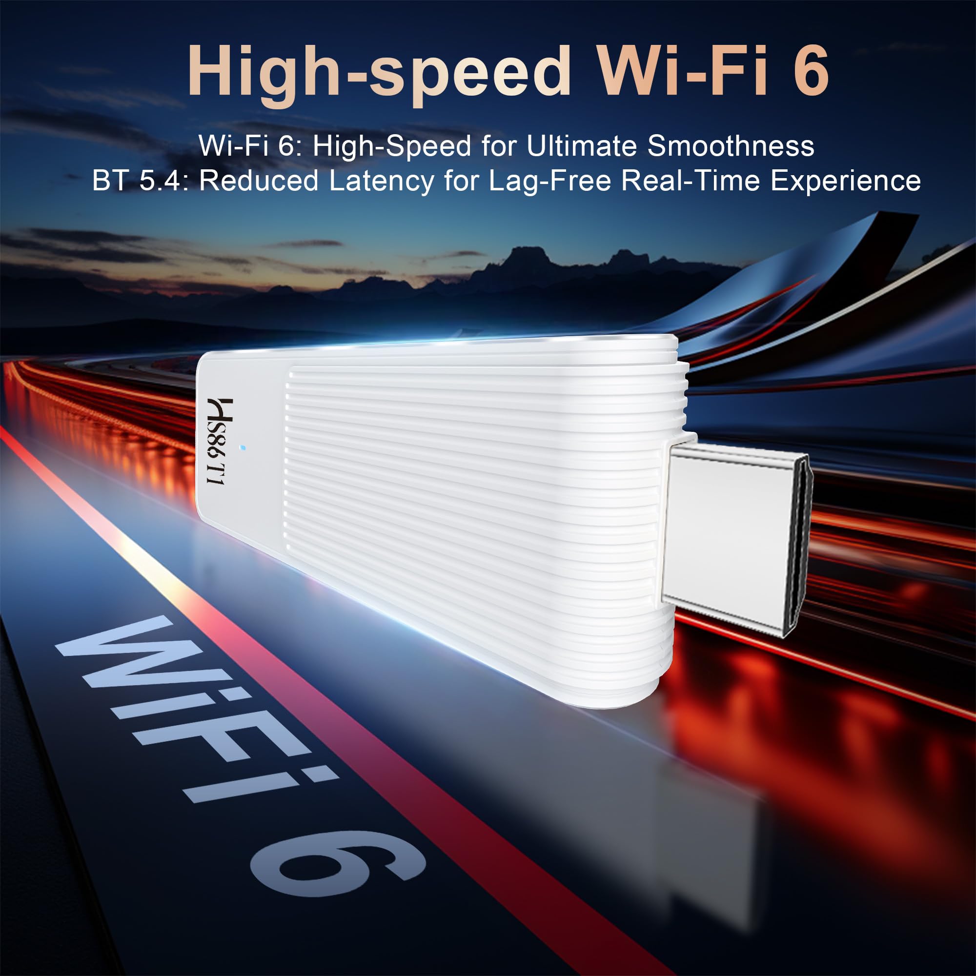 Android 14.0 TV Stick, con 2GB RAM e 16GB ROM, alimentato da chipset RK3518 Quad-Core 32bit Cortex-A53 e GPU Mali 450 MP2, supporta Wi-Fi dual-band 2.4G/5G, BT 5.4 e 4K Ultra HD