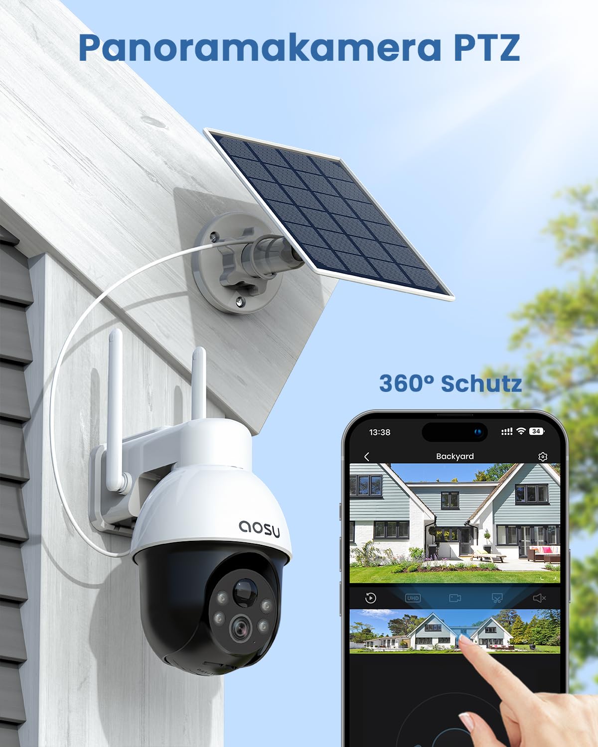 aosu 3K Überwachungskamera Aussen Akku Solar, 5MP Kabellose WLAN-Überwachungskamera für den Außenbereich zur Haussicherheit, 360° Panoramisches PTZ, Automatische Verfolgung, Nachtsicht, 2 STK