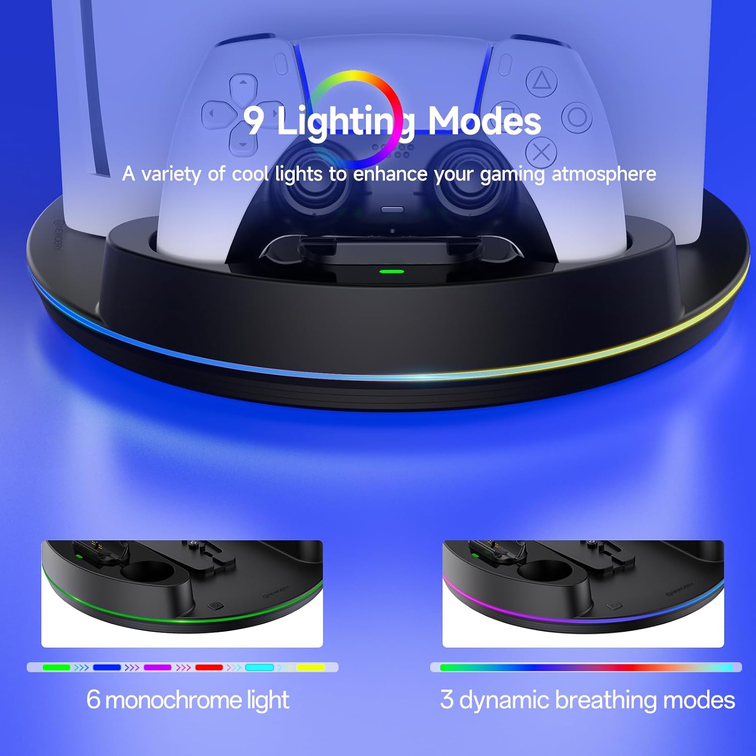 NEWDERY for PS5/Slim/Pro Console Stand, with Dual Charging Station for PS5 Controllers, Adjustable RGB Light, for PS5 Controller Charger Stand - Black - Image 5