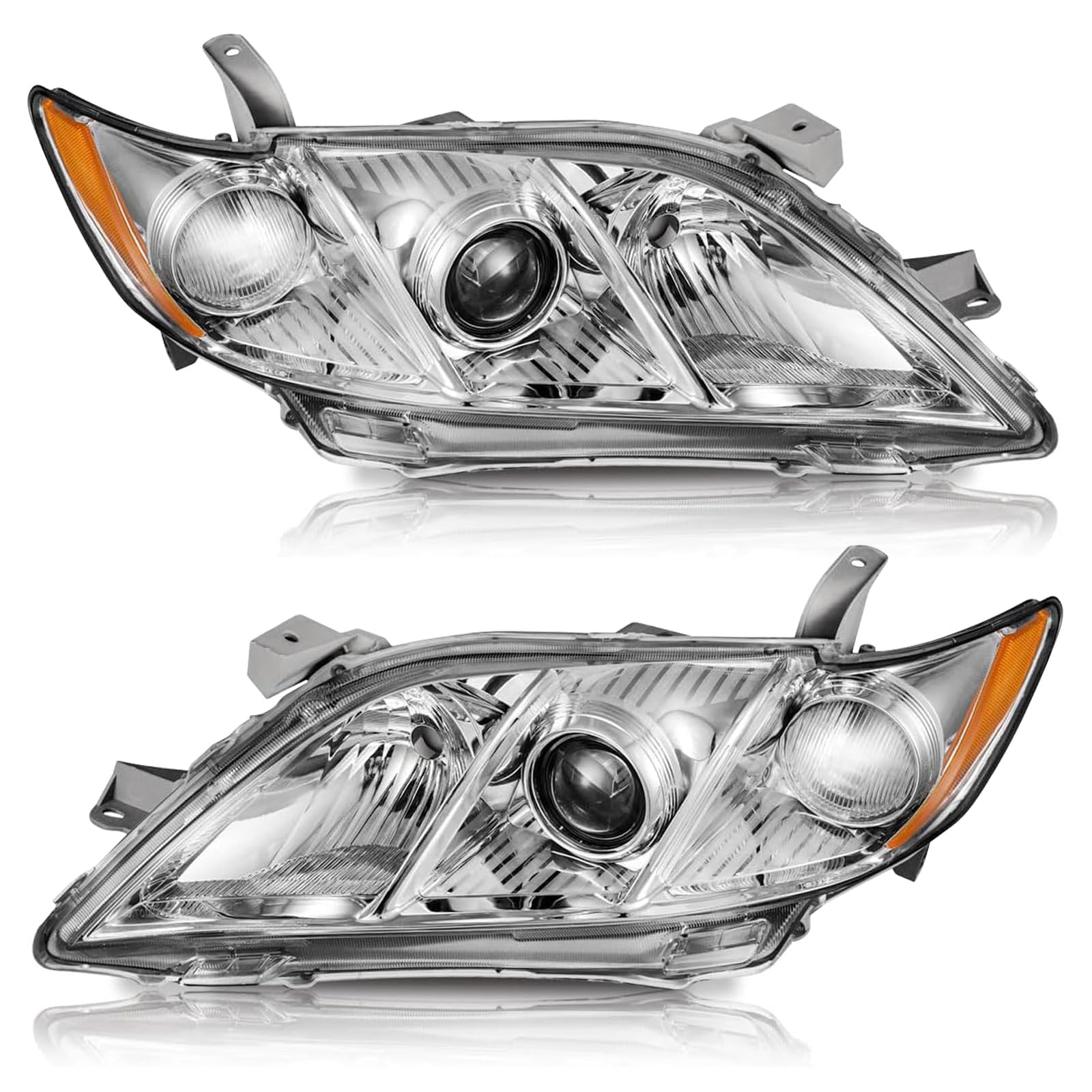 Headlights for 2007 2008 2009 Toyota Camry - Headlight Assembly Replacement (Driver + Passenger Side)- Chrome Housing Clear Lens